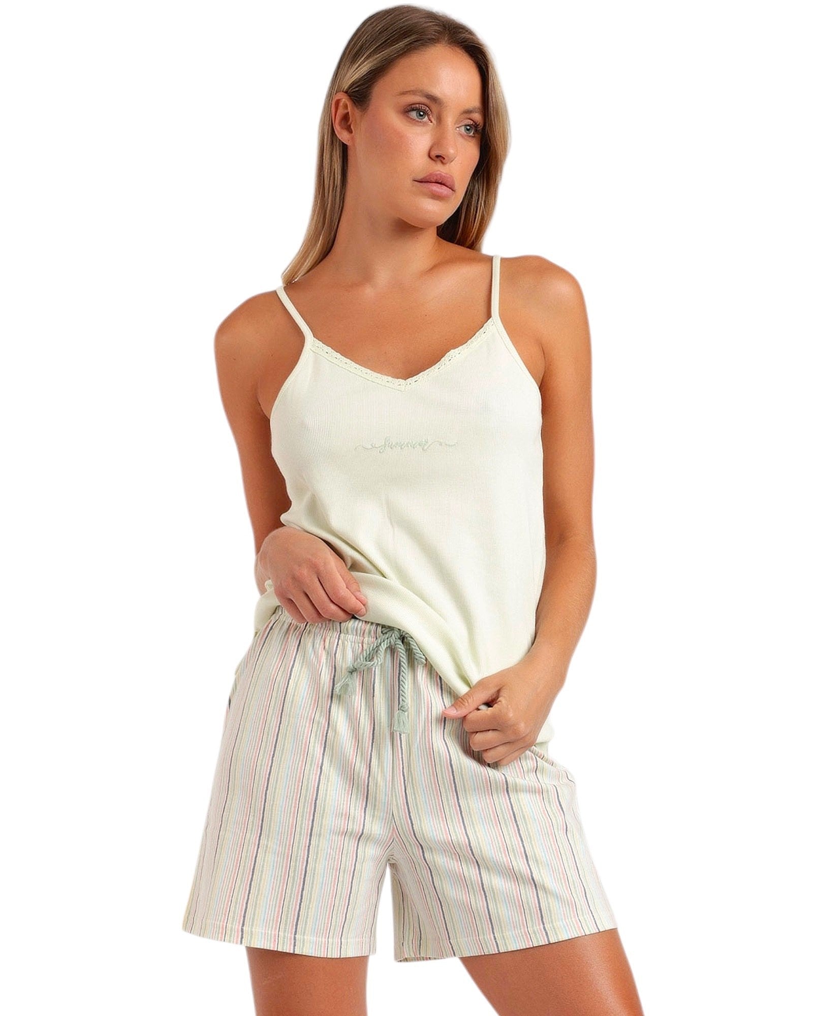 Completo Pigiama Da Donna Elegante Rosa E Viola A Righe - Top Cami Con Scollo * * * Pantaloncini Corti Senza Maniche, Bordo In Pizzo, Abbigliamento Da Casa Estivo, Pigiama Da Donna, Indumenti Da * Da - Foto 4