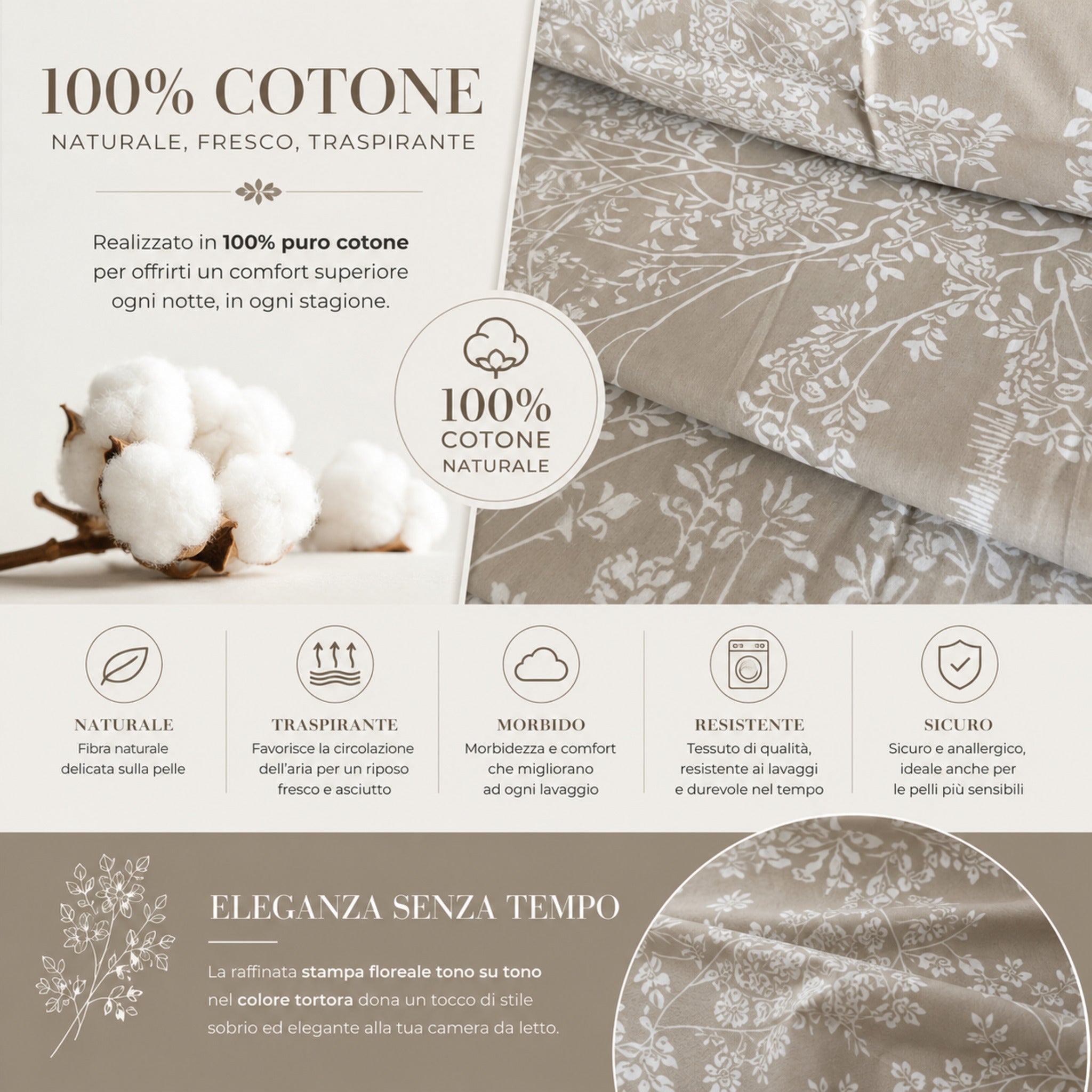 Dettaglio tessuto 100% cotone del completo lenzuola matrimoniale Caleffi Aurora tortora