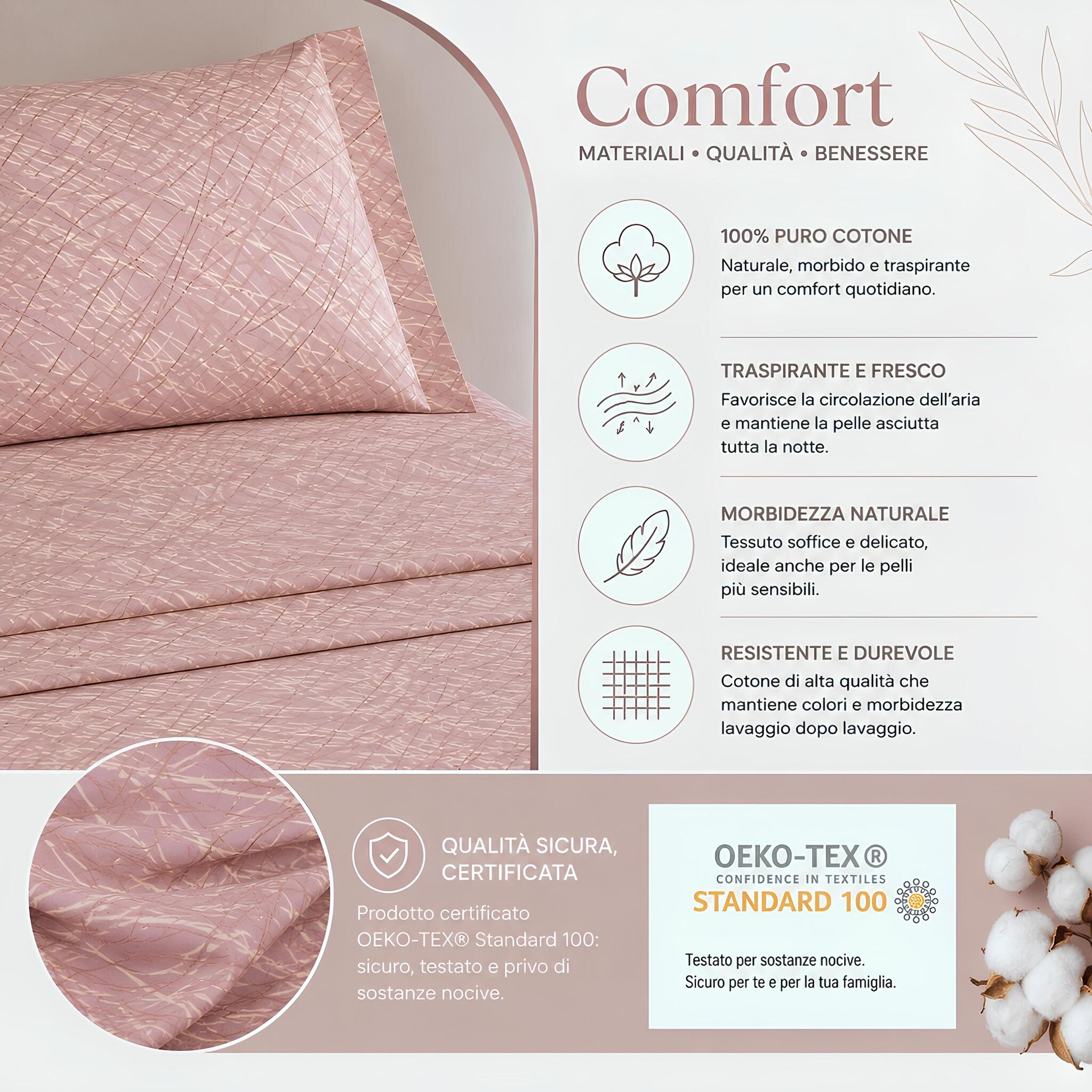 Infografica del completo lenzuola Caleffi Notting Cipria in 100% cotone certificato OEKO-TEX