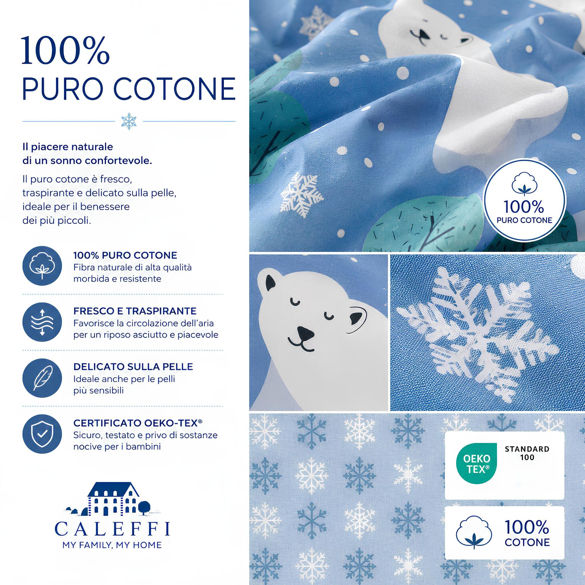 Dettaglio tessuto 100% puro cotone del completo copripiumino Caleffi Polar con certificazione OEKO-TEX