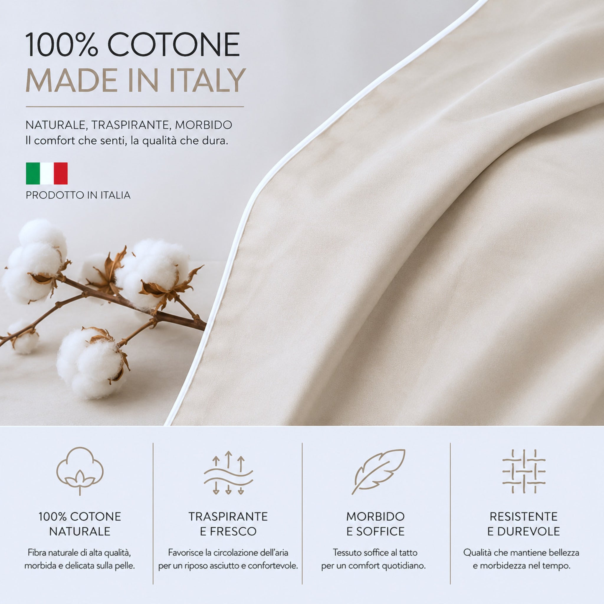 Infografica completo lenzuola Rebecca Home Cindy in 100% cotone Made in Italy morbido e traspirante