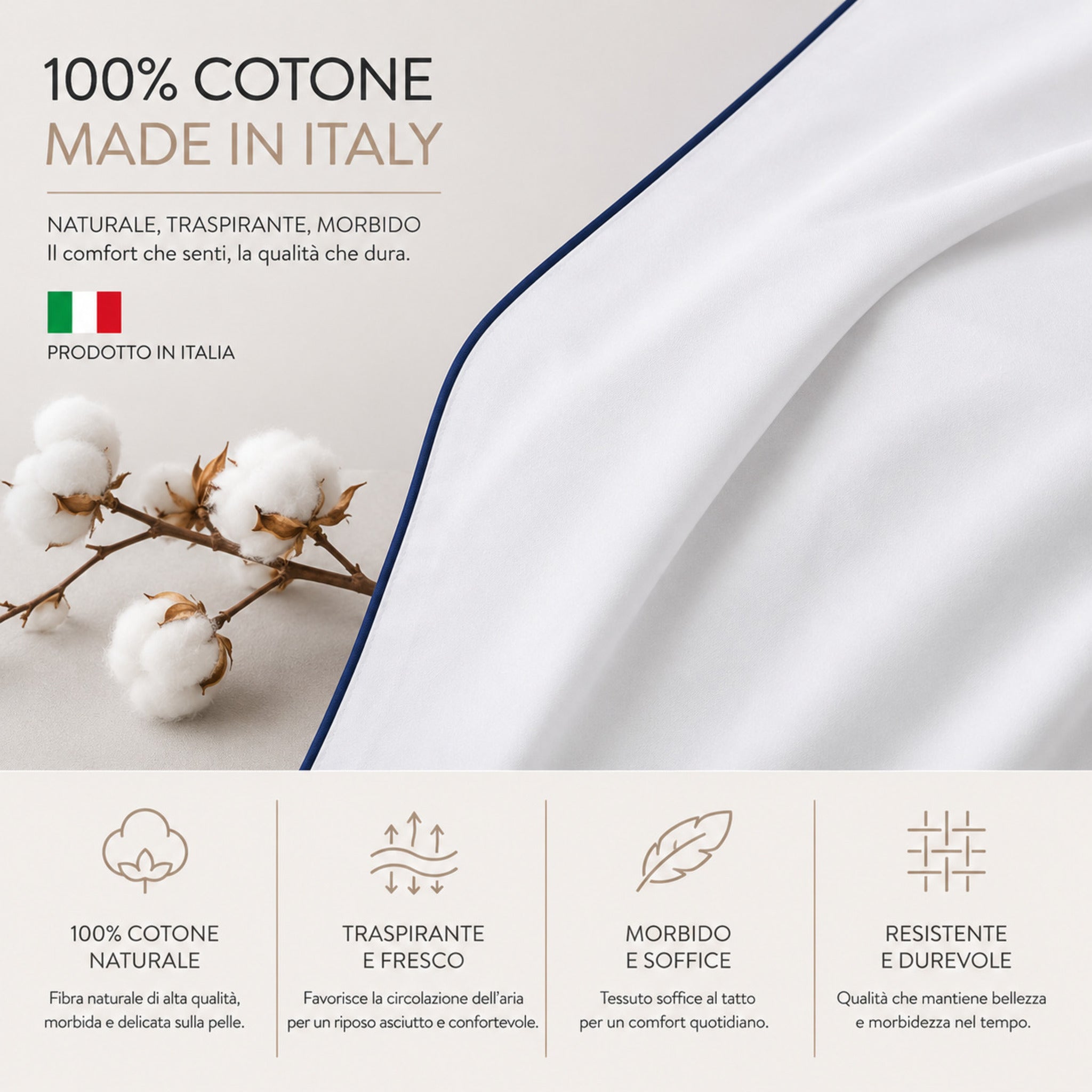 Infografica completo lenzuola Rebecca Home Cindy in 100% cotone Made in Italy morbido e traspirante