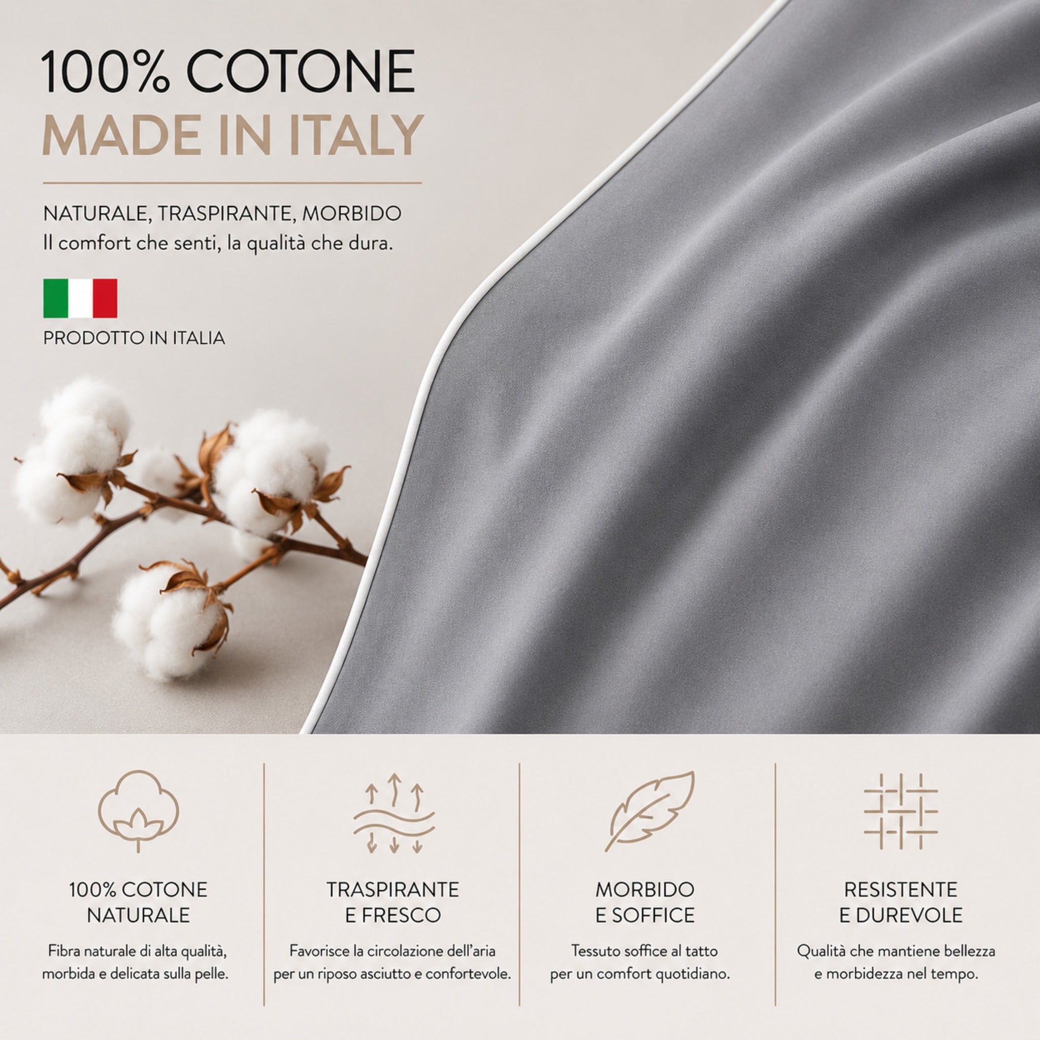 Infografica completo lenzuola Rebecca Home Cindy in 100% cotone Made in Italy morbido e traspirante
