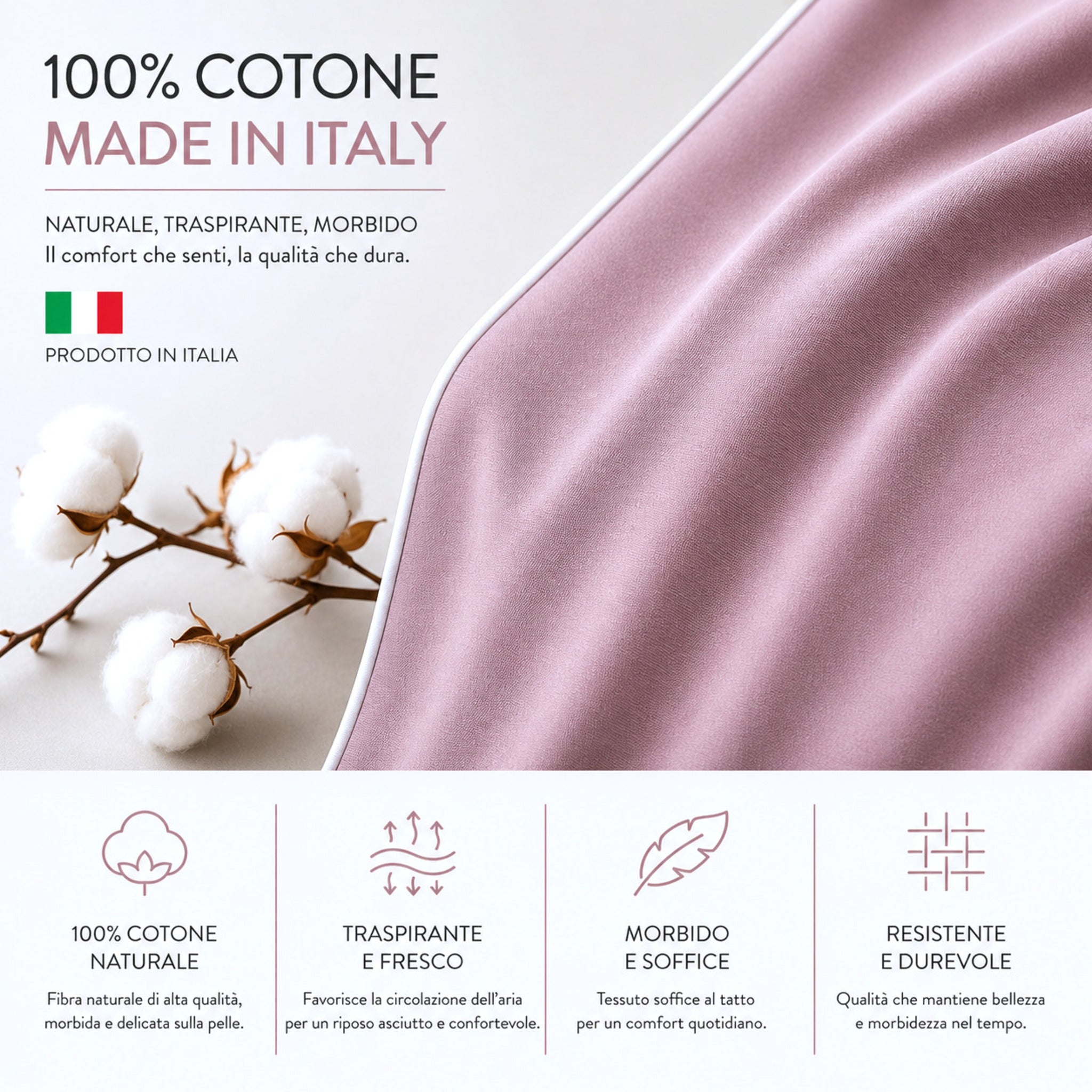 Infografica completo lenzuola Rebecca Home Cindy in 100% cotone Made in Italy morbido e traspirante