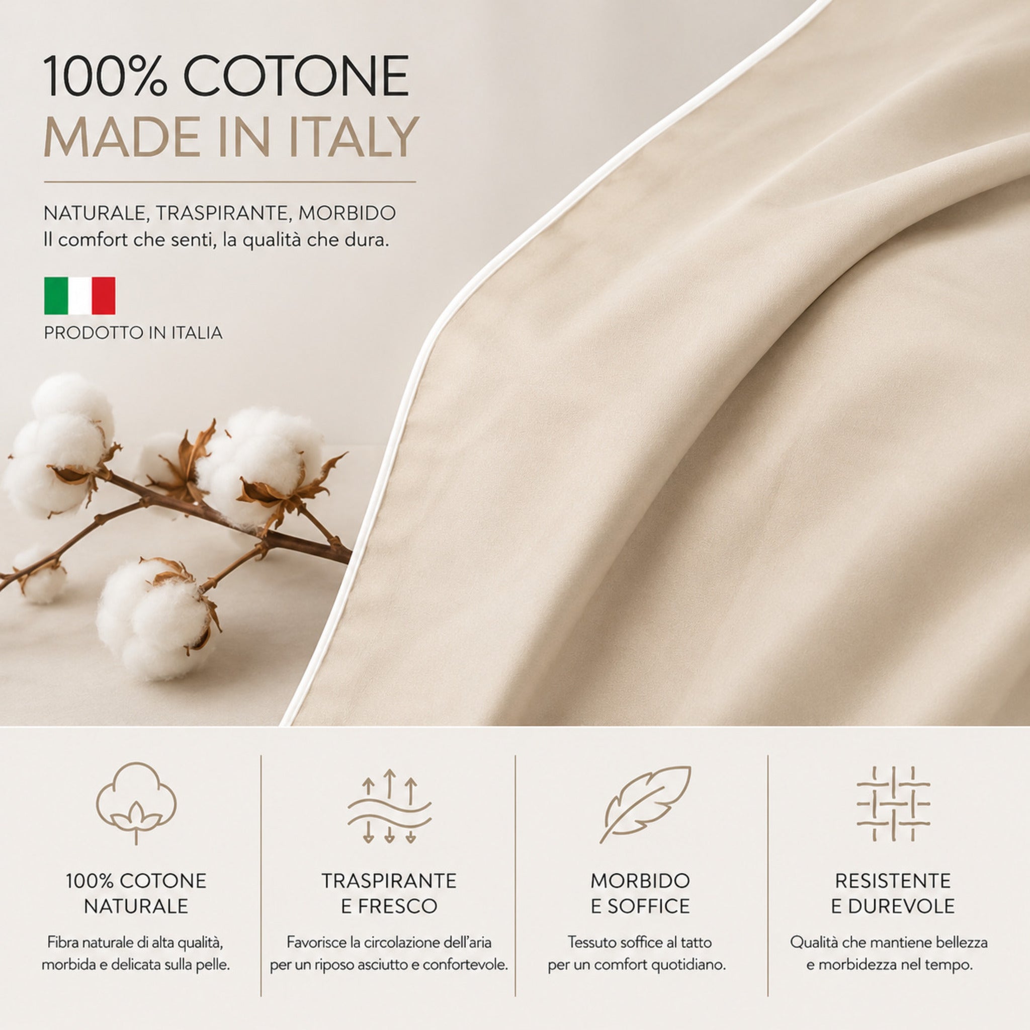 Infografica completo lenzuola Rebecca Home Cindy in 100% cotone Made in Italy morbido e traspirante