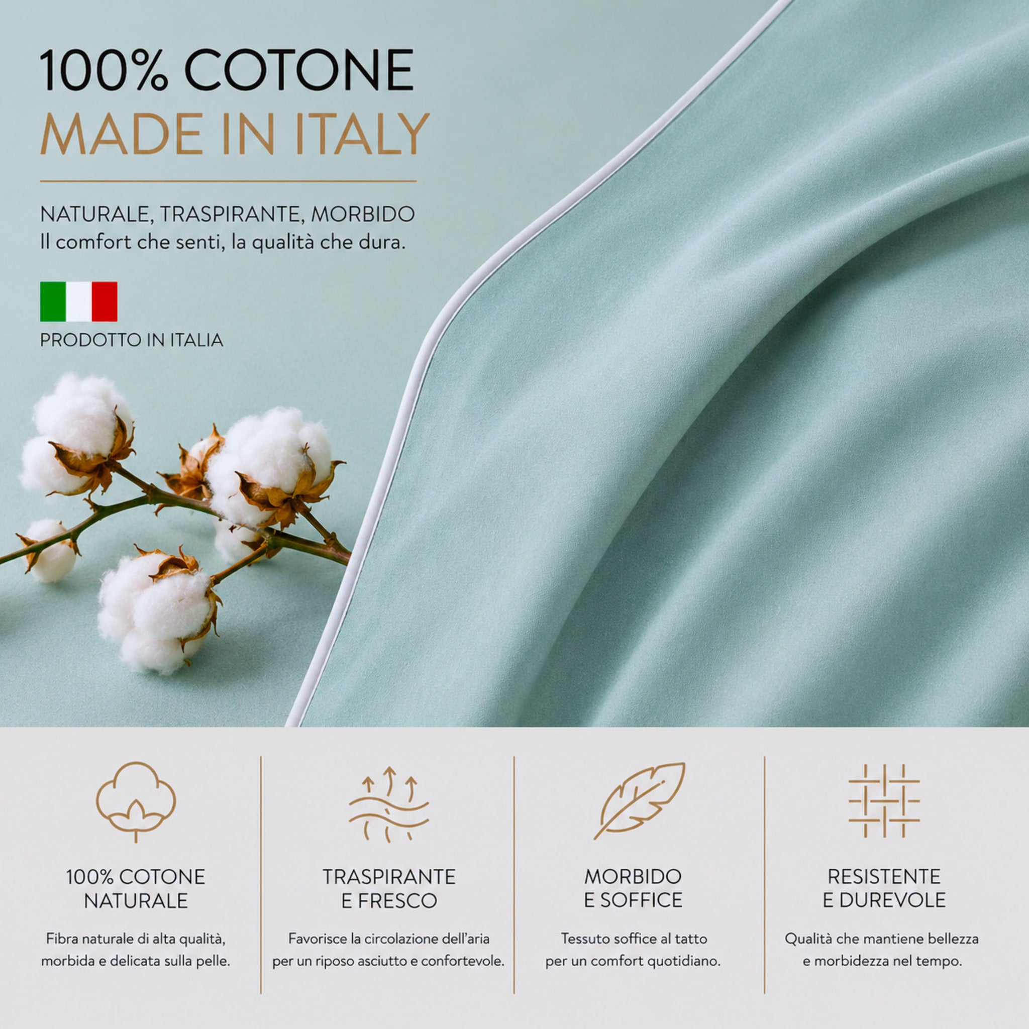 Infografica completo lenzuola Rebecca Home Cindy in 100% cotone Made in Italy morbido e traspirante