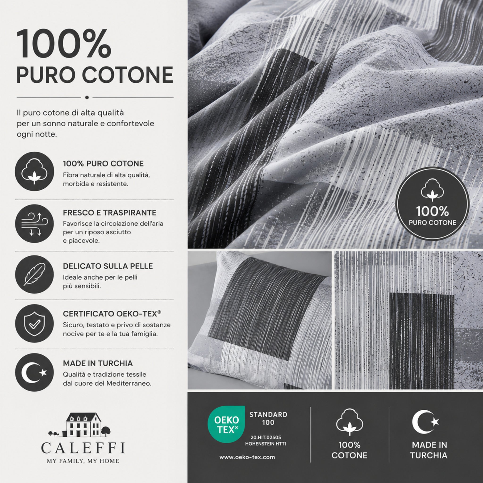 Dettaglio tessuto 100% puro cotone del completo copripiumino Caleffi Lisbona certificato OEKO-TEX