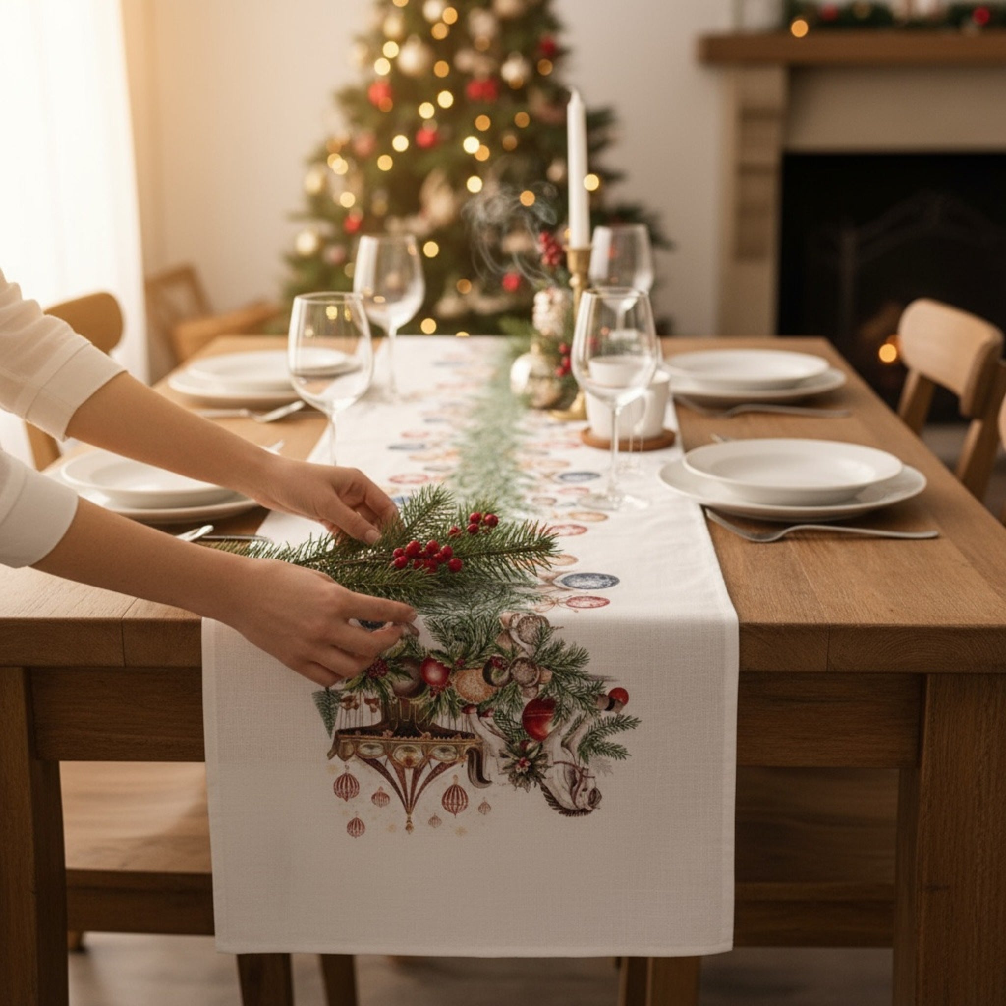 Runner centrotavola Natalizio in cotone panama 44x150 cm Art. Neverland