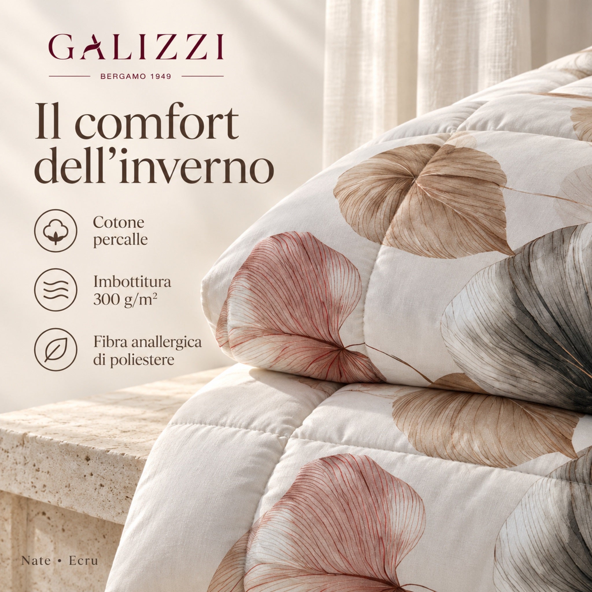 Dettaglio della trapunta Nate Ecru con infografica su cotone percalle e imbottitura da 300 g/m² in poliestere anallergico.