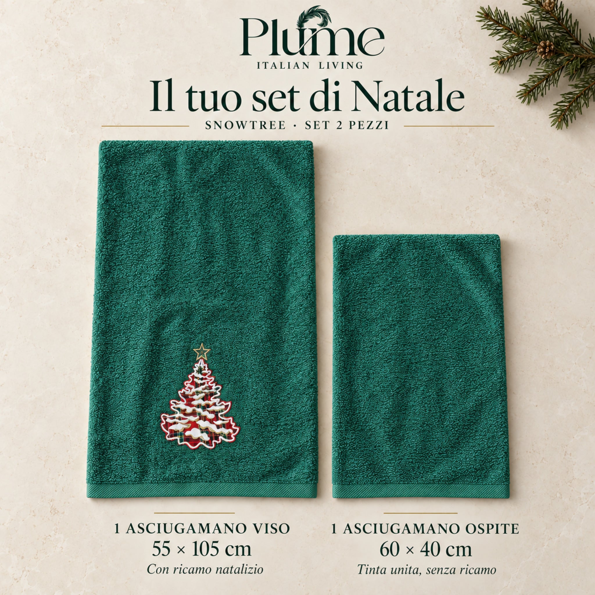 Dettaglio dell’albero natalizio tartan sulla spugna avorio Plume Snowtree, con profilo bianco e stella decorativa.