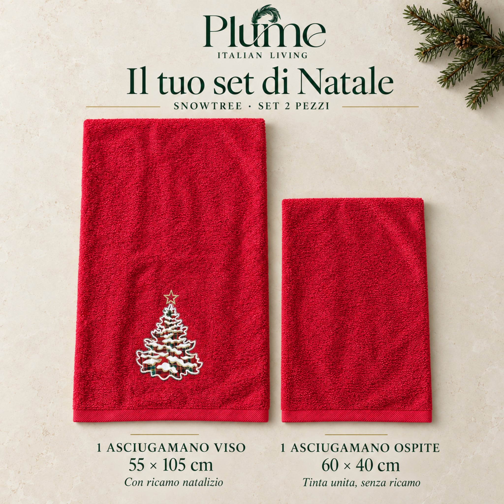Set Plume Snowtree Verde con asciugamano viso decorato da un albero natalizio tartan e ospite senza ricamo.