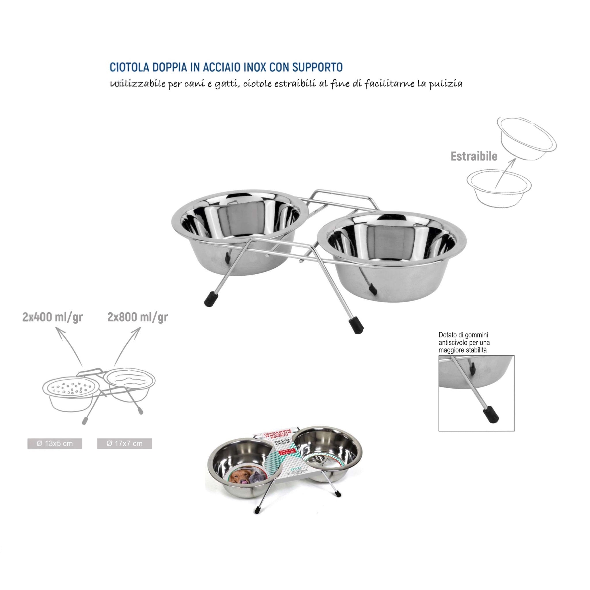 Ciotola doppia in acciaio con supporto antiscivolo per cani e gatti di Zoov