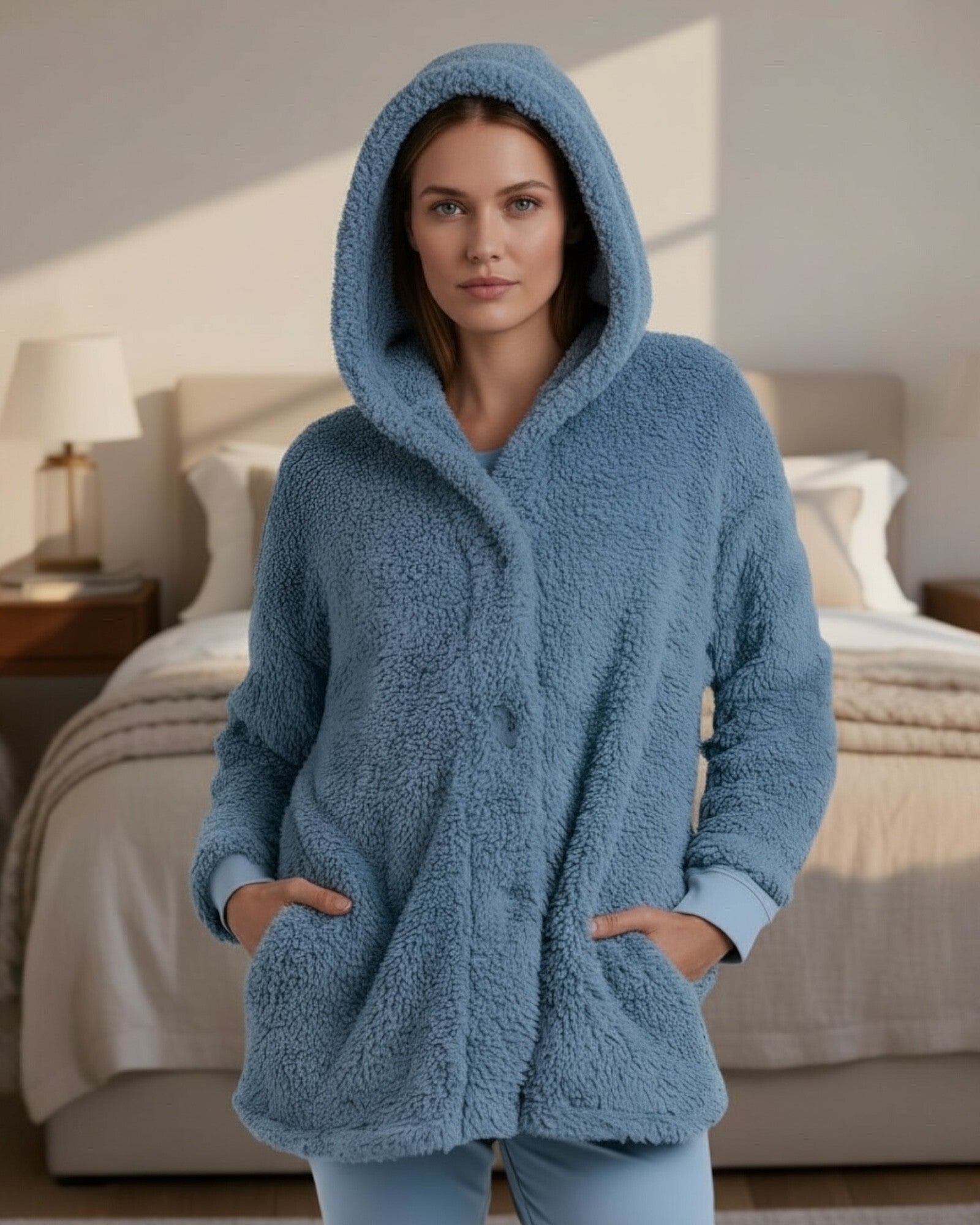 Vestaglia donna Admas Art. 57542 in pile shearling blu con cappuccio bottoni e tasche