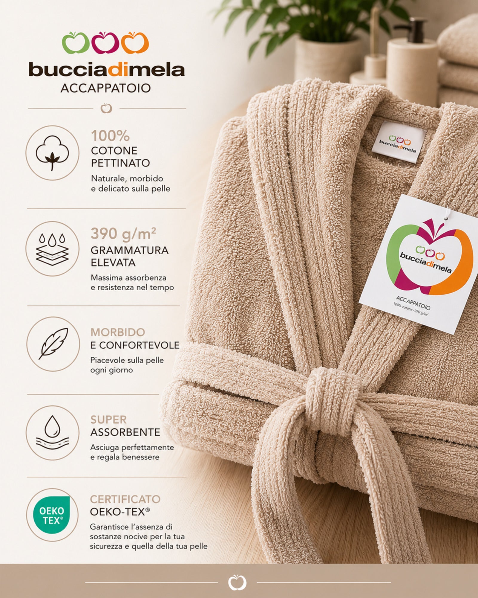 Infografica accappatoio Buccia di Mela beige in 100% cotone pettinato 390 GSM certificato OEKO-TEX con elevata morbidezza e assorbenza