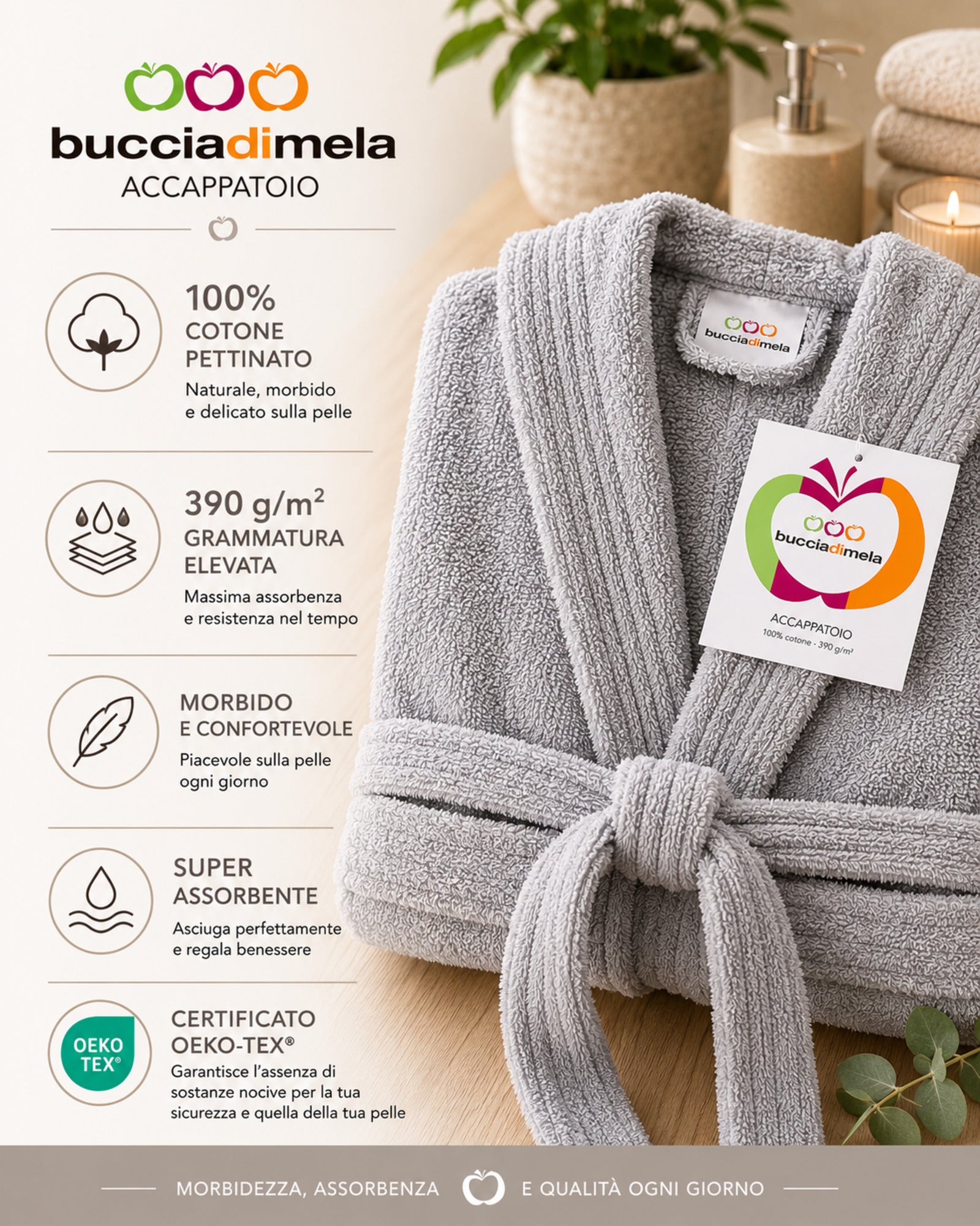 Infografica accappatoio Buccia di Mela grigio in 100% cotone pettinato 390 GSM certificato OEKO-TEX con elevata morbidezza e assorbenza
