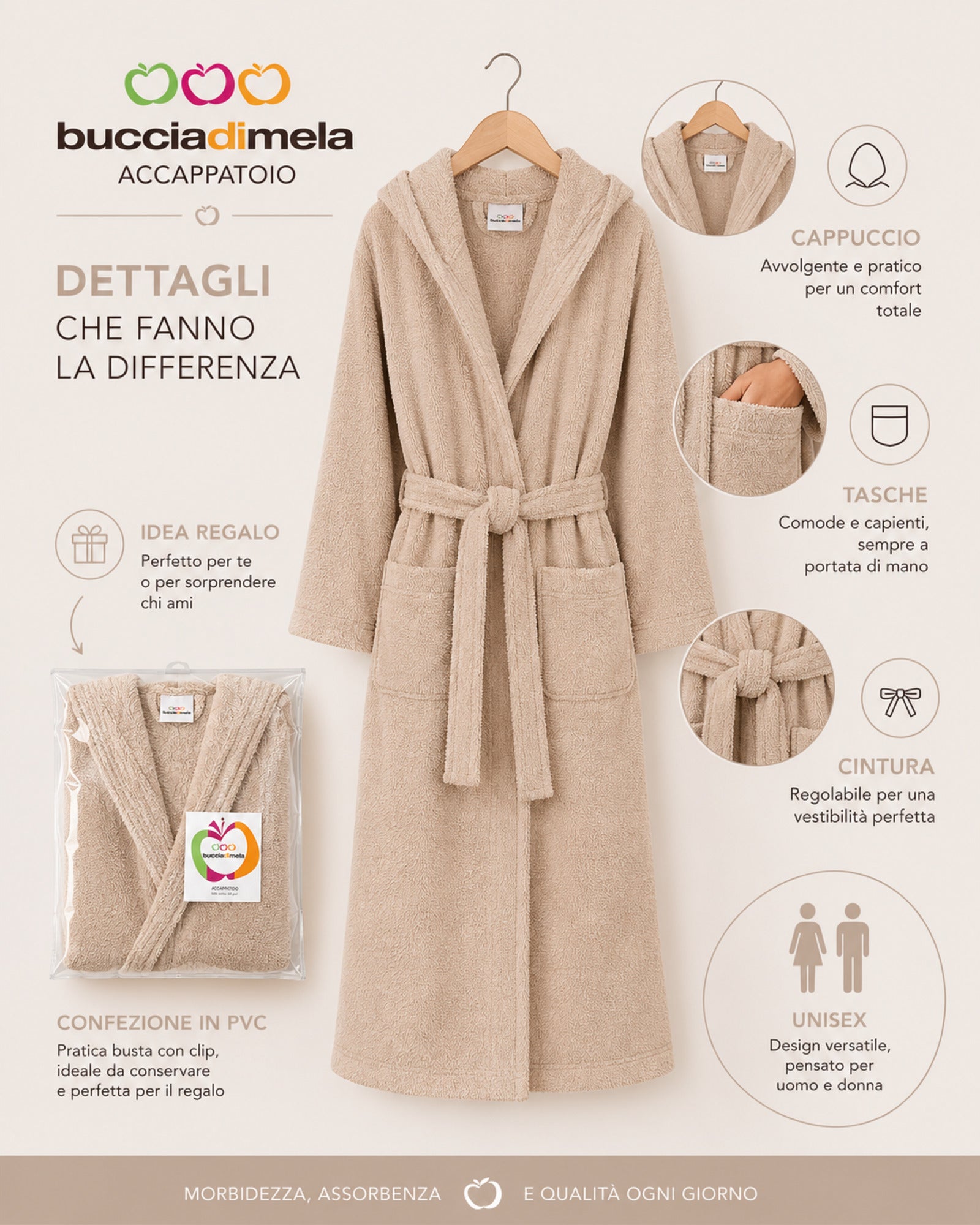 Infografica accappatoio Buccia di Mela beige con cappuccio, tasche capienti, cintura regolabile e confezione regalo