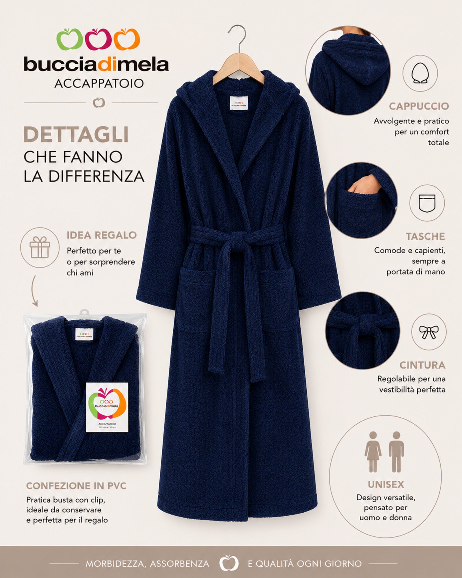 Infografica accappatoio Buccia di Mela blu con cappuccio, tasche capienti, cintura regolabile e confezione regalo