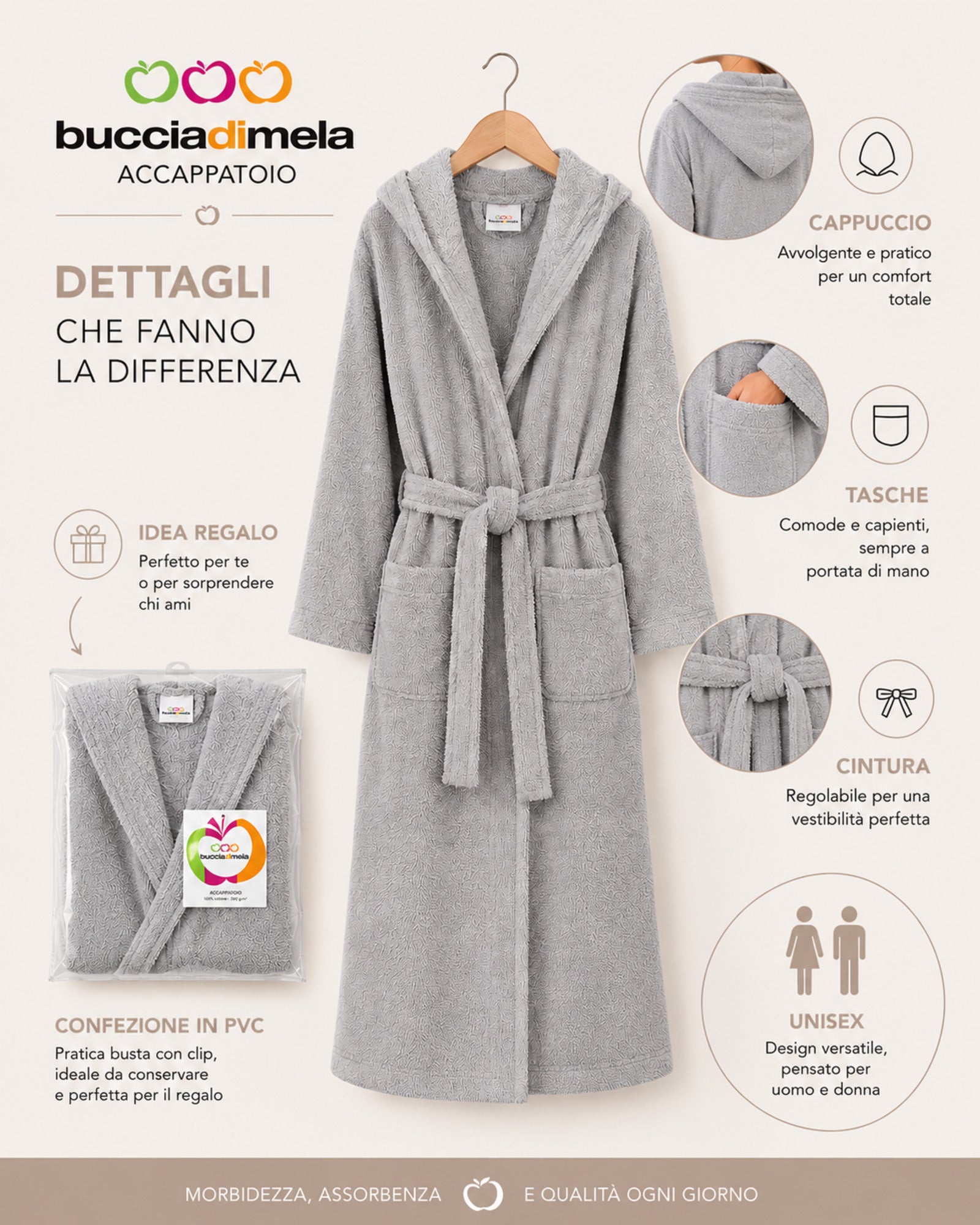Infografica accappatoio Buccia di Mela grigio con cappuccio, tasche capienti, cintura regolabile e confezione regalo
