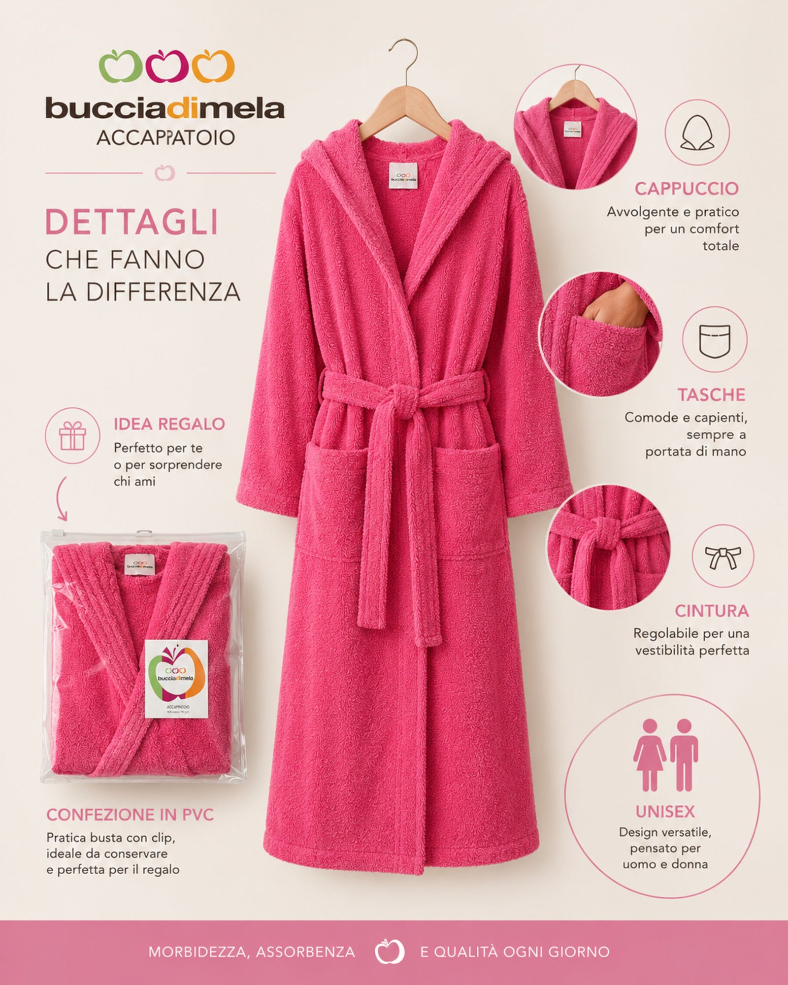 Infografica accappatoio Buccia di Mela rosa con cappuccio, tasche capienti, cintura regolabile e confezione regalo