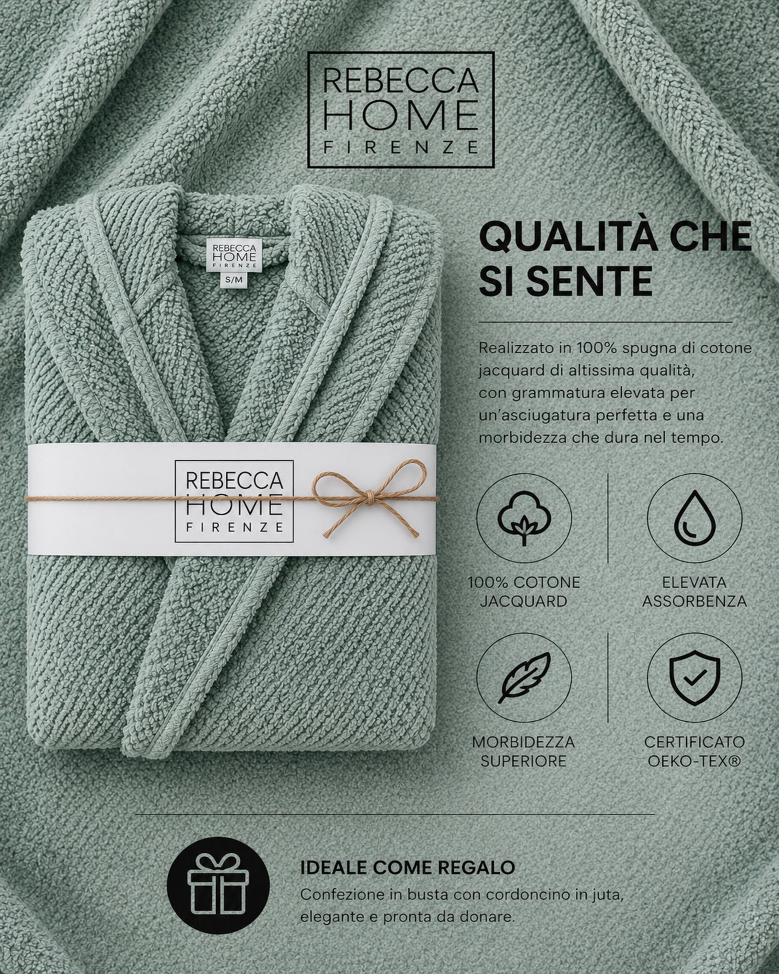 Dettaglio accappatoio Rebecca Home Giulia in spugna jacquard certificato OEKO-TEX