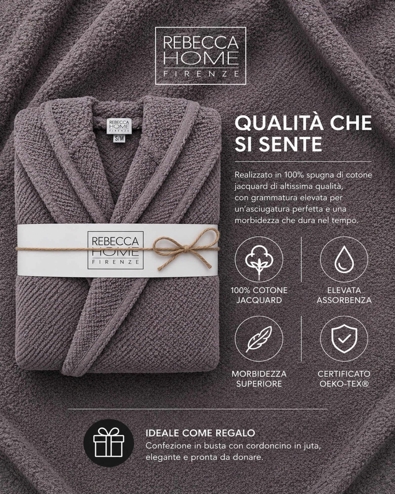 Dettaglio accappatoio Rebecca Home Giulia in spugna jacquard certificato OEKO-TEX