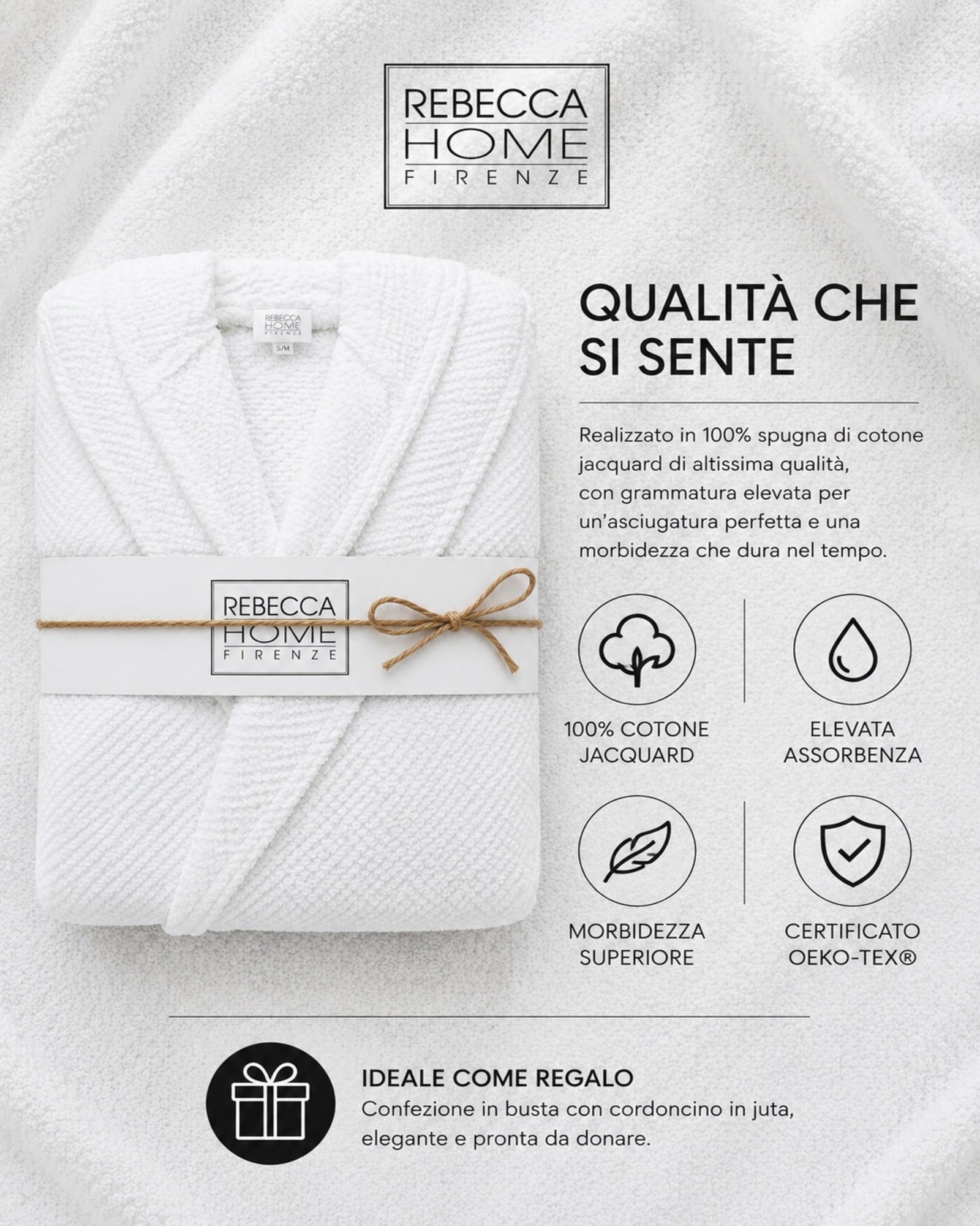 Dettaglio accappatoio Rebecca Home Giulia in spugna jacquard certificato OEKO-TEX