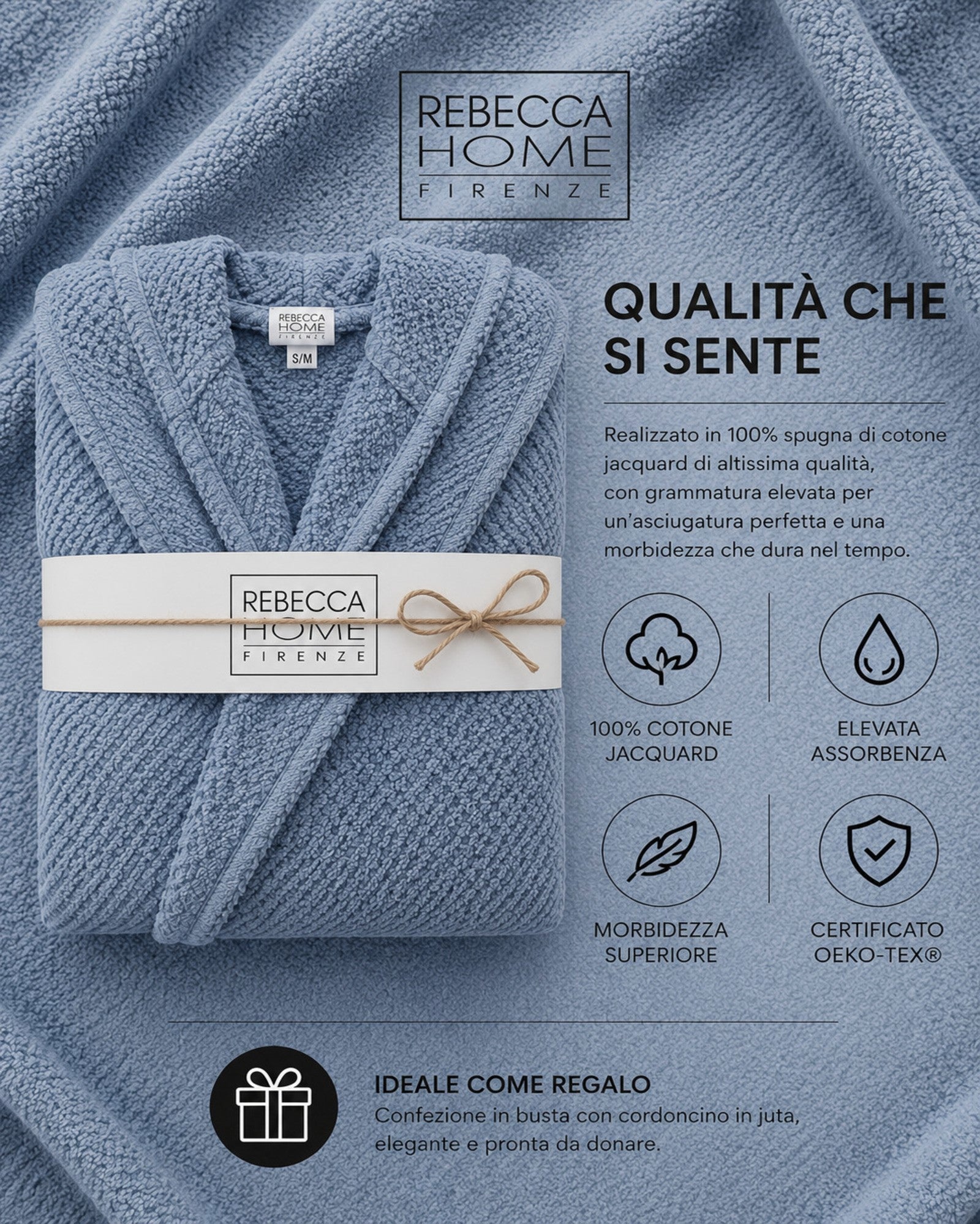 Dettaglio accappatoio Rebecca Home Giulia in spugna jacquard certificato OEKO-TEX