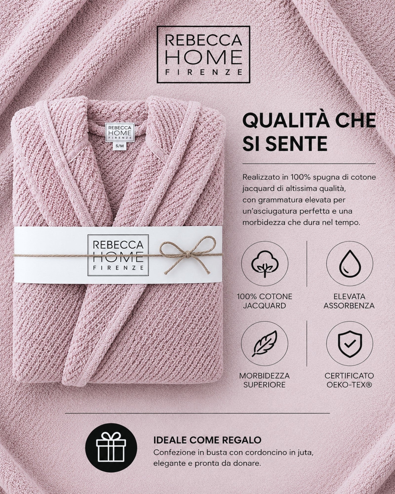 Dettaglio accappatoio Rebecca Home Giulia in spugna jacquard certificato OEKO-TEX