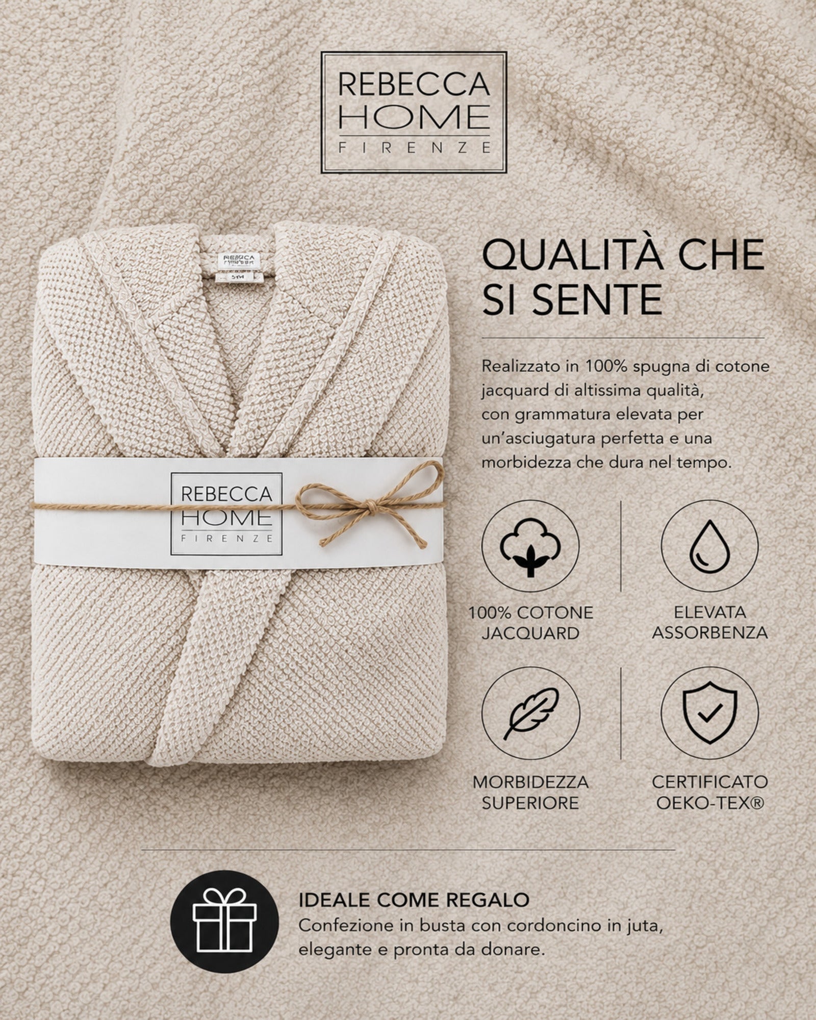 Dettaglio accappatoio Rebecca Home Giulia in spugna jacquard certificato OEKO-TEX