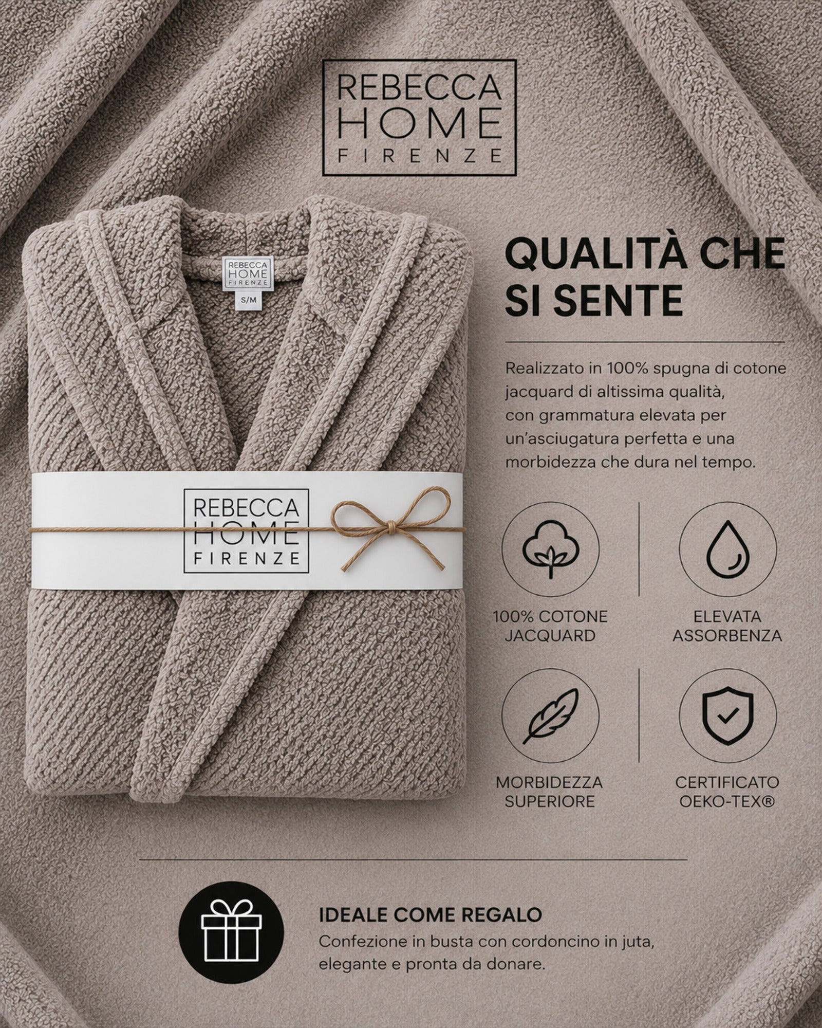 Dettaglio accappatoio Rebecca Home Giulia in spugna jacquard certificato OEKO-TEX