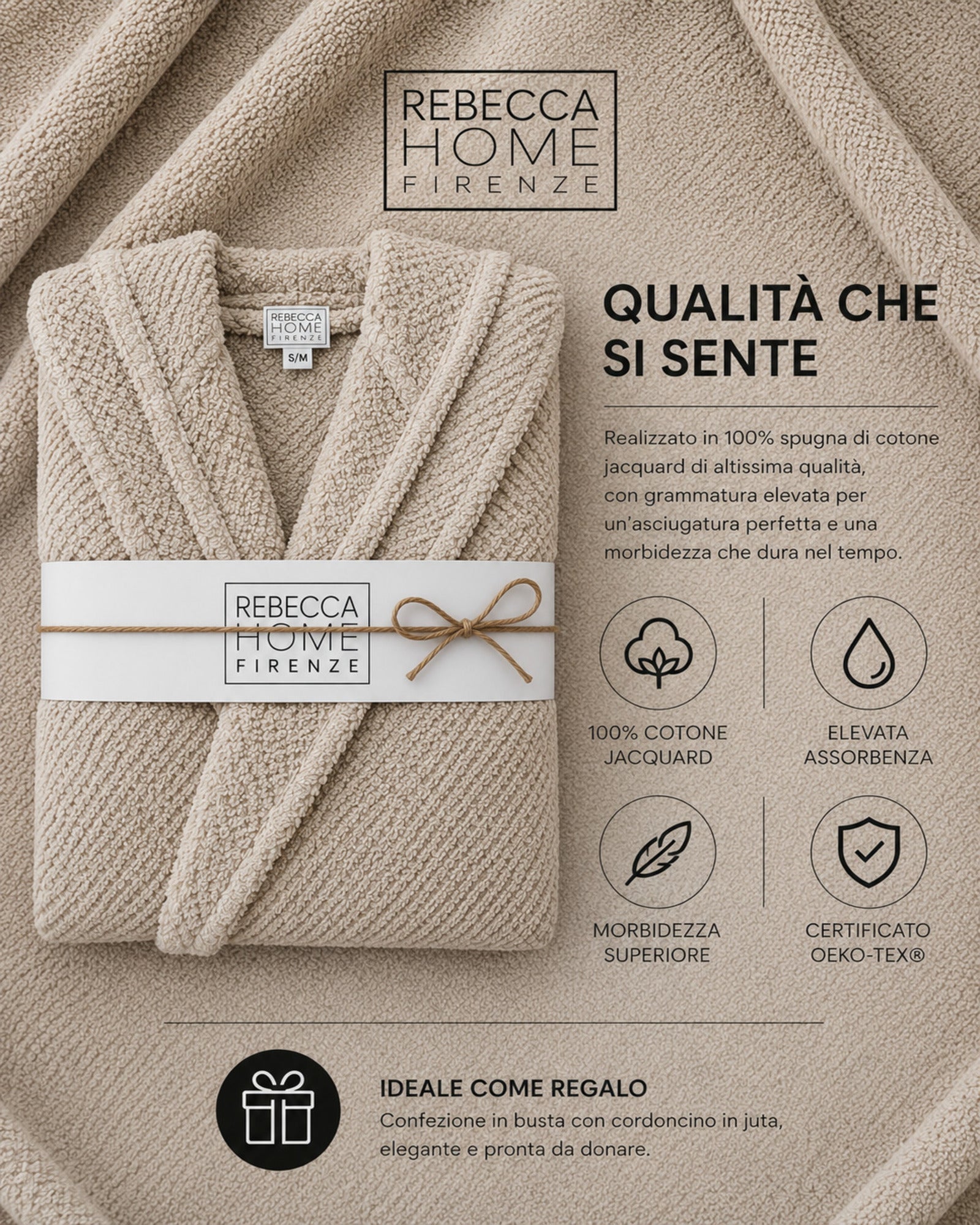 Dettaglio accappatoio Rebecca Home Giulia in spugna jacquard certificato OEKO-TEX