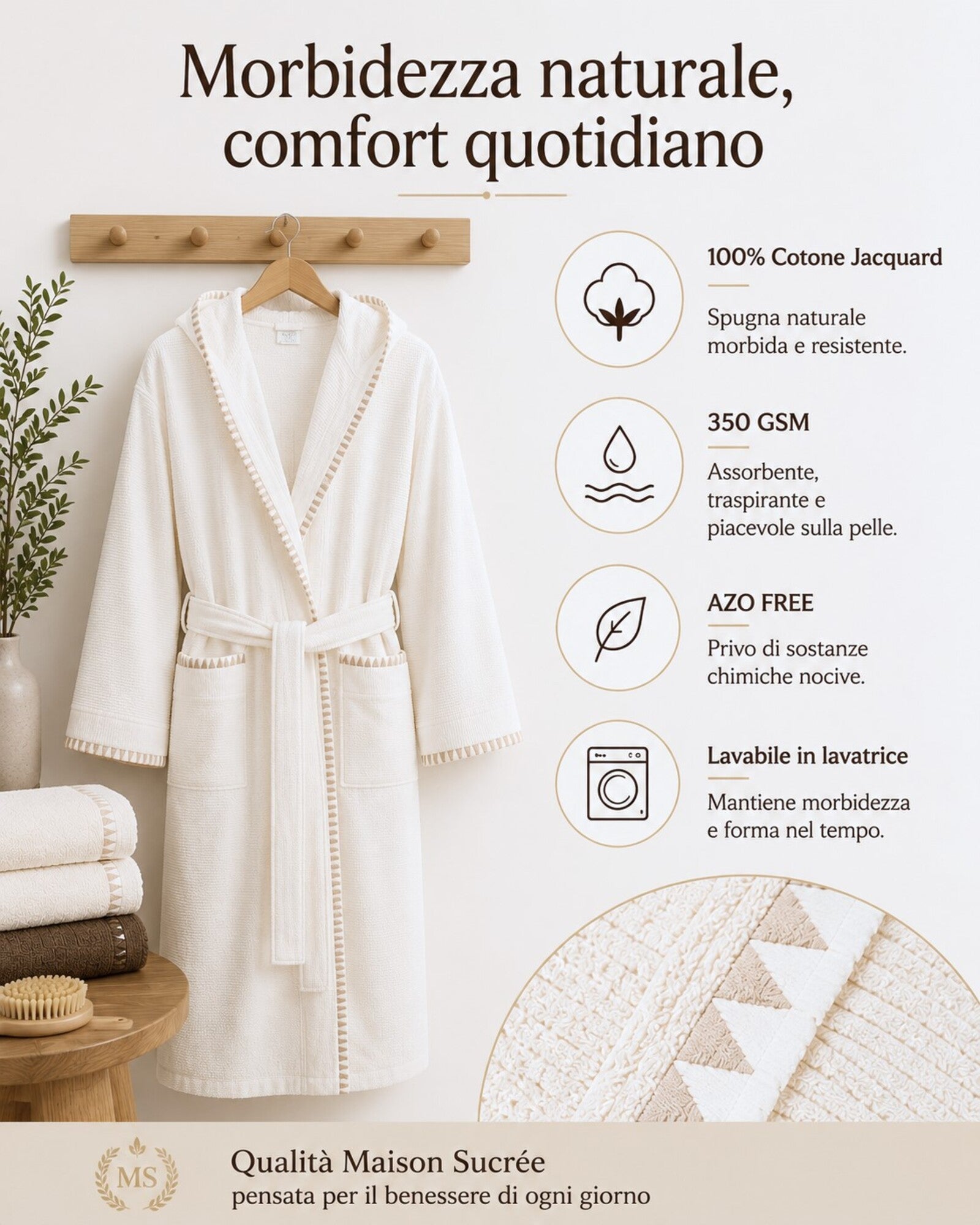 Infografica accappatoio Maison Sucrée Brera colore burro in 100% cotone jacquard con dettaglio tessuto e caratteristiche