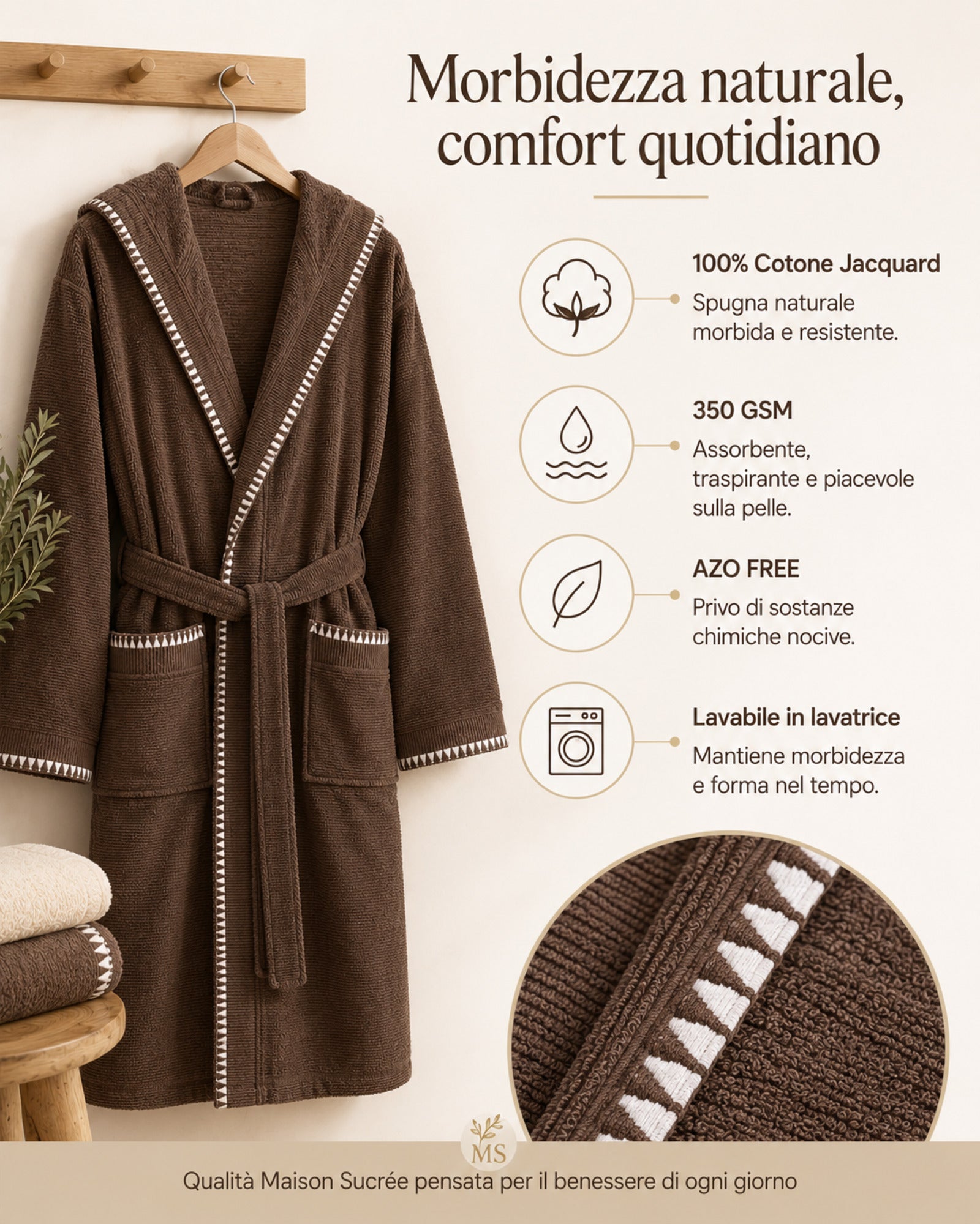 Infografica accappatoio Maison Sucrée Brera in cotone jacquard 350 GSM con caratteristiche principali e dettaglio tessuto