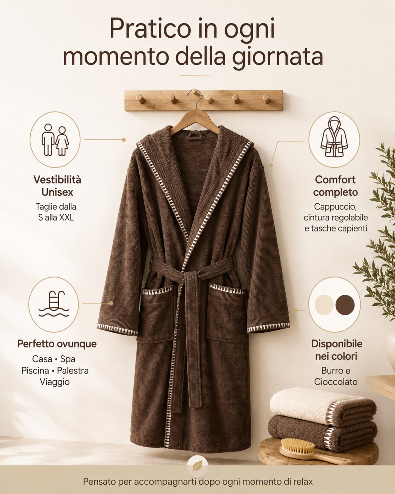 Infografica accappatoio unisex Maison Sucrée Brera colore cioccolato con cappuccio, tasche, cintura e utilizzi consigliati