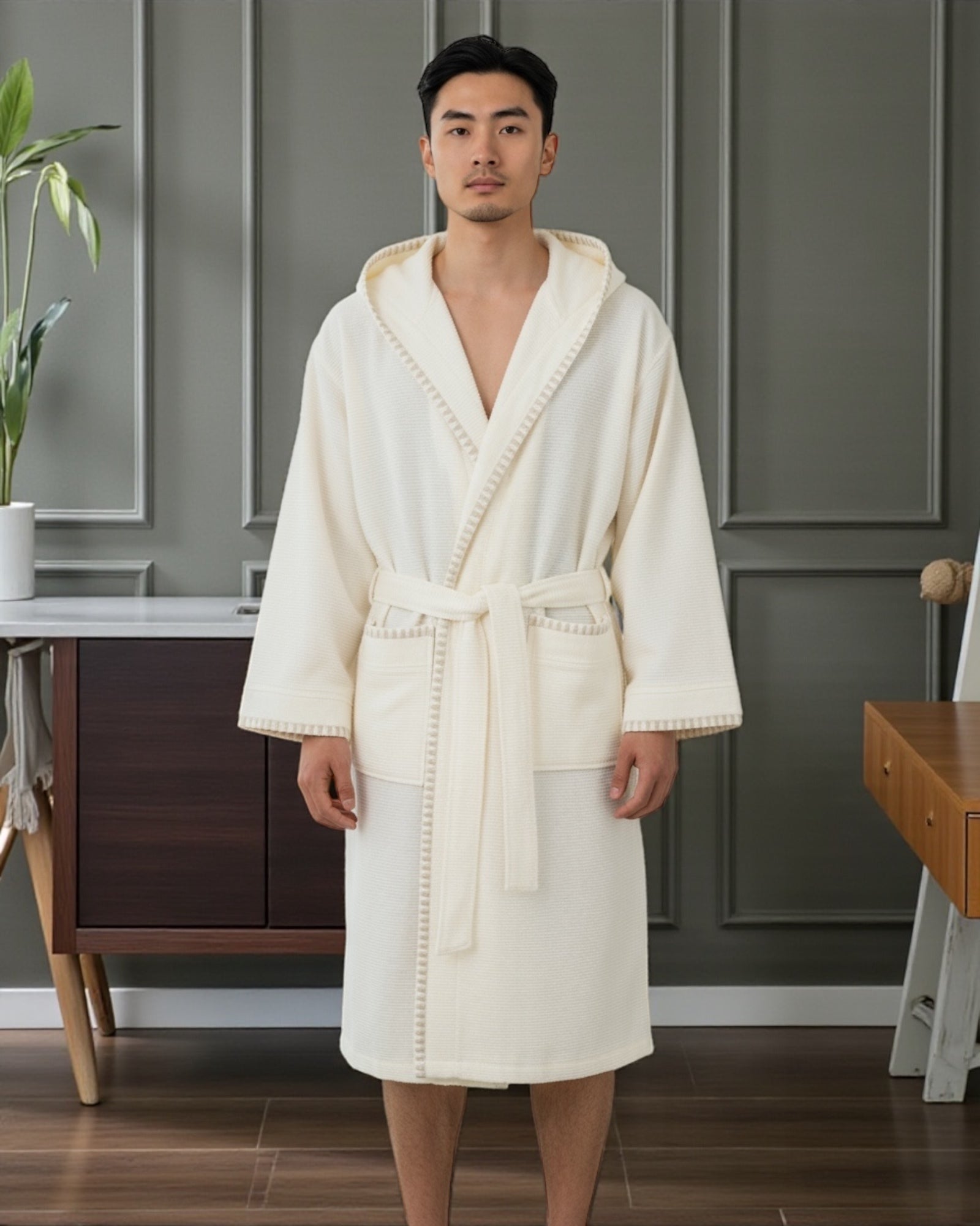 Uomo che indossa accappatoio Maison Sucrée Brera in cotone jacquard colore burro con cappuccio