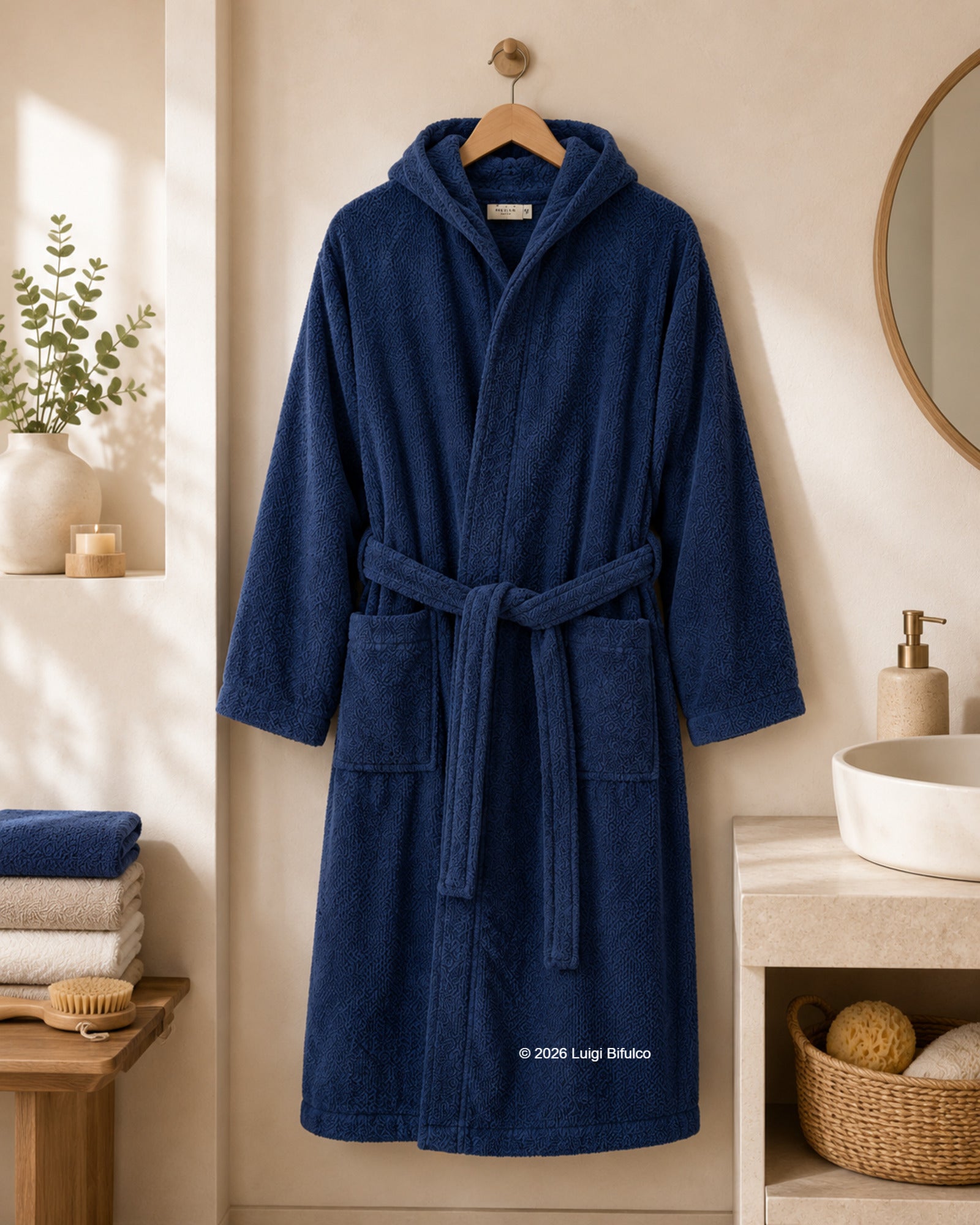 Accappatoio unisex Maison Sucrée Pepe in 100% cotone pettinato colore blu con cappuccio appeso in elegante bagno moderno