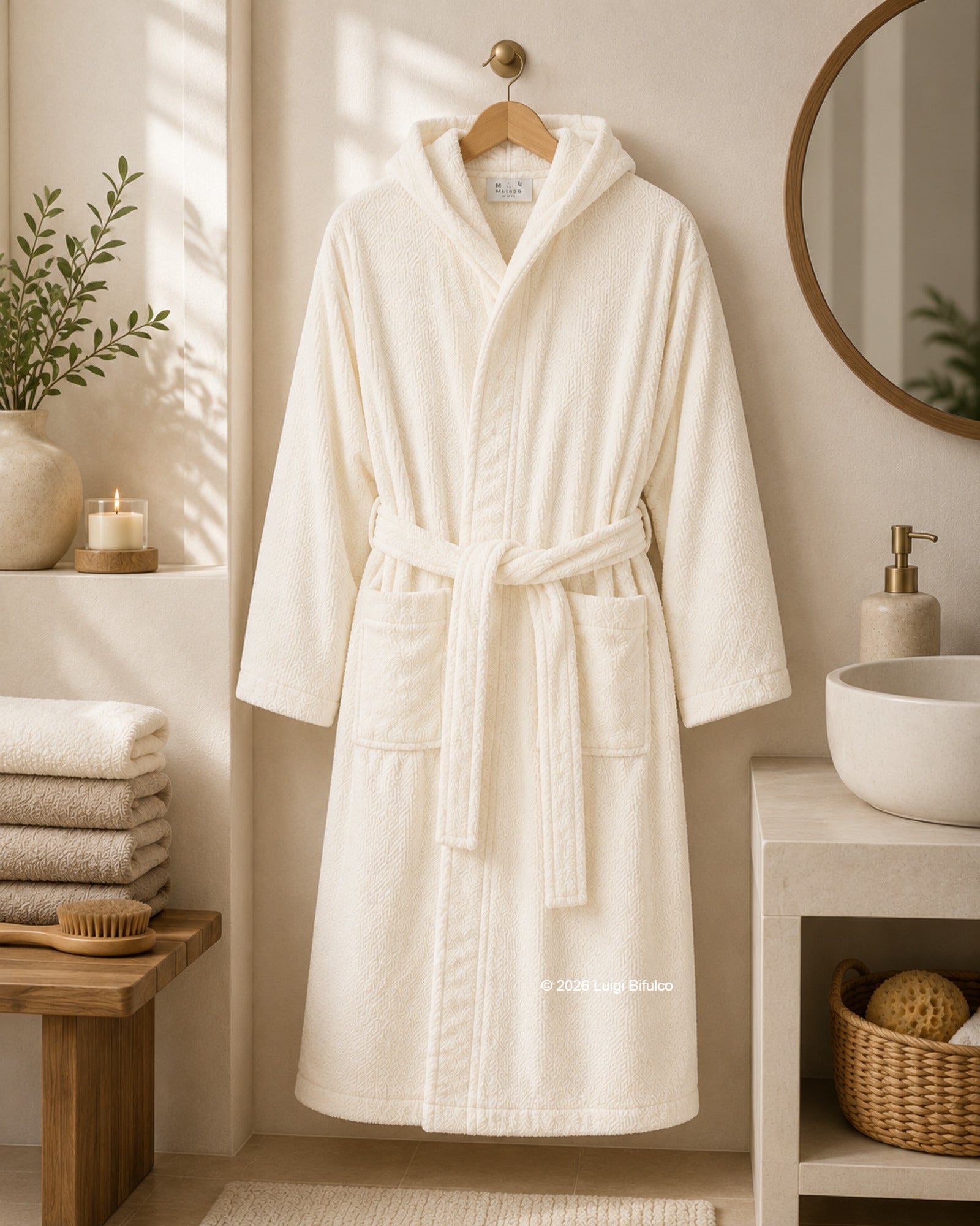 Accappatoio unisex Maison Sucrée Pepe in 100% cotone pettinato colore burro con cappuccio appeso in elegante bagno moderno