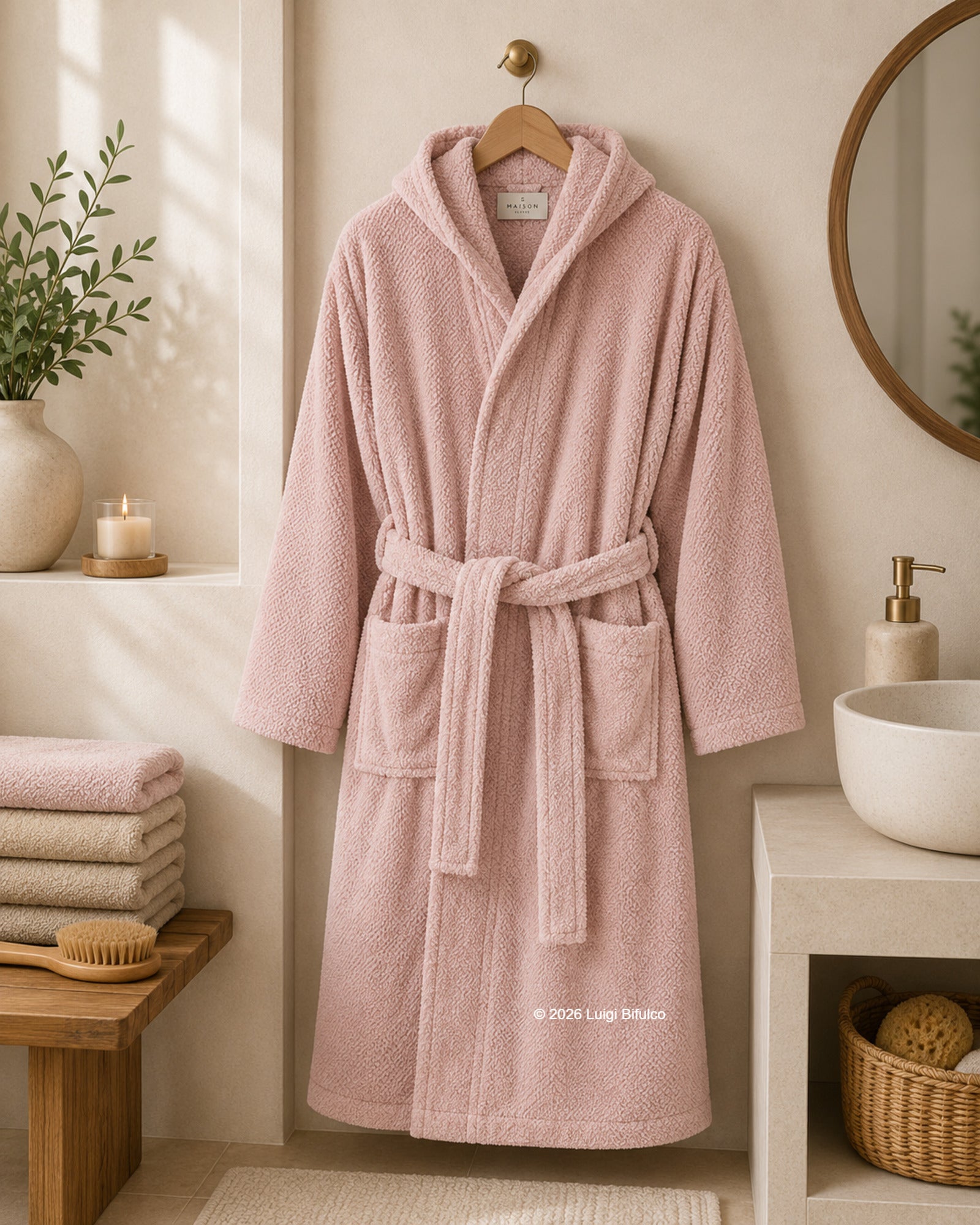 Accappatoio unisex Maison Sucrée Pepe in 100% cotone pettinato colore cipria con cappuccio appeso in elegante bagno moderno
