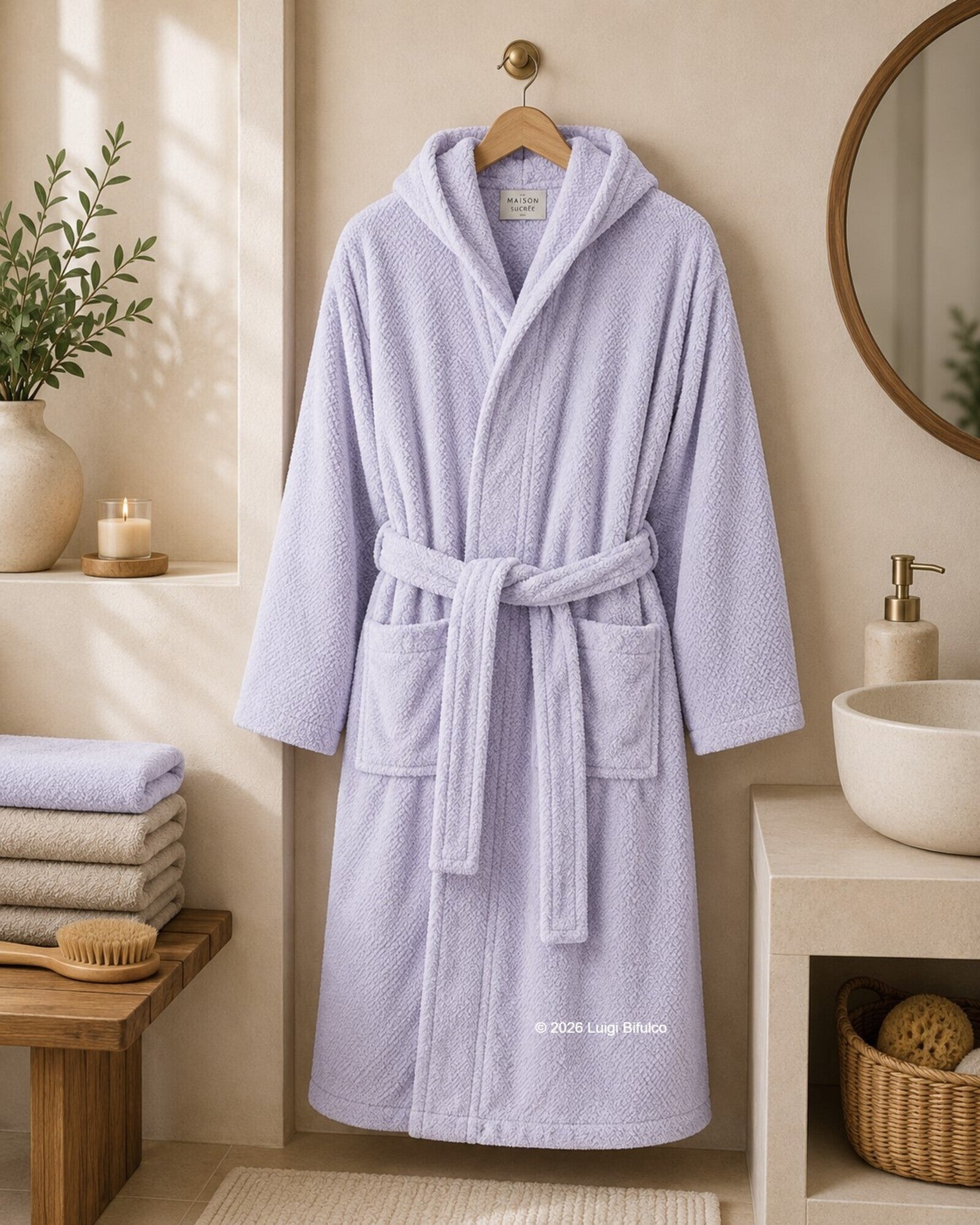 Accappatoio unisex Maison Sucrée Pepe in 100% cotone pettinato colore lilla con cappuccio appeso in elegante bagno moderno