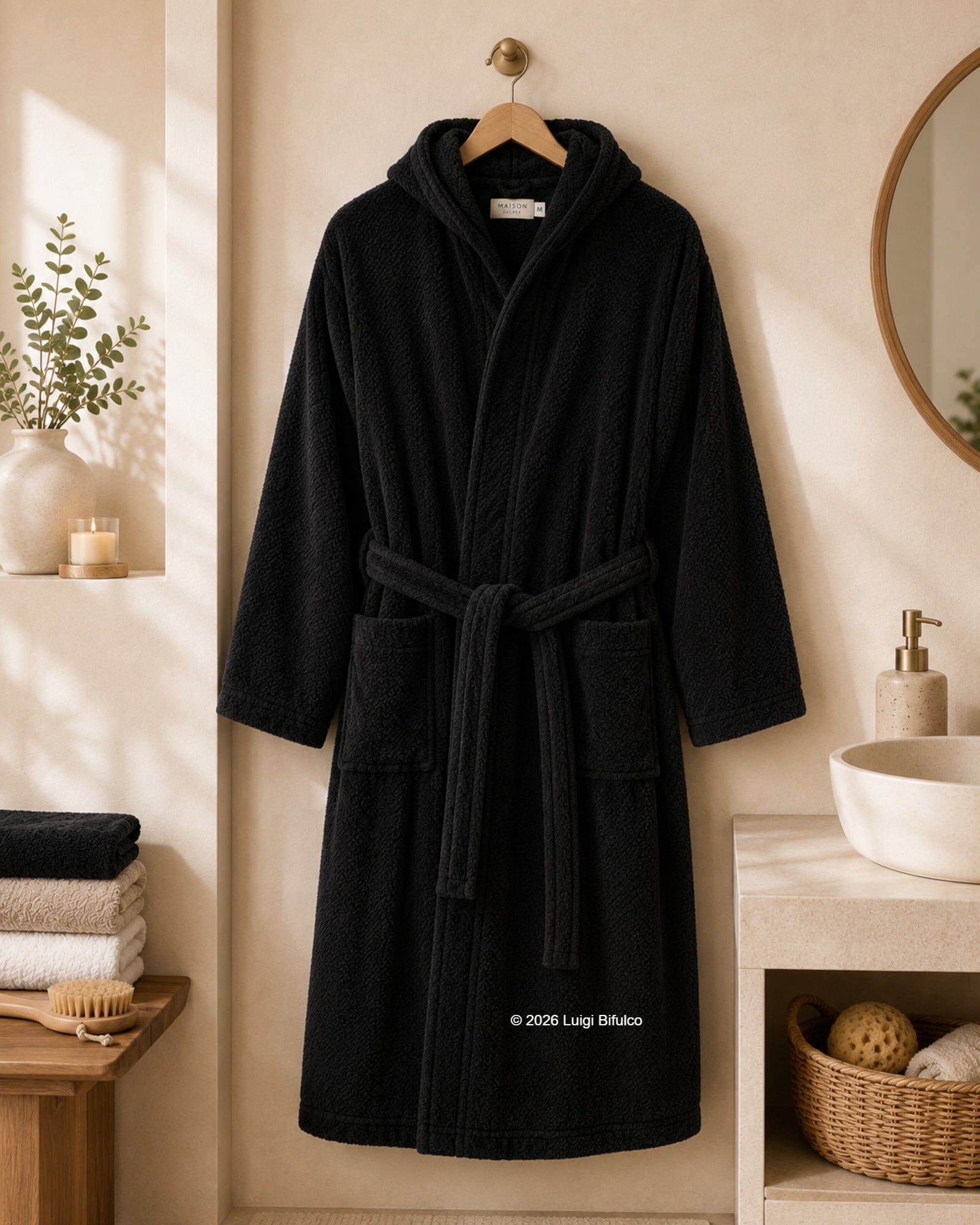 Accappatoio unisex Maison Sucrée Pepe in 100% cotone pettinato colore nero con cappuccio appeso in elegante bagno moderno
