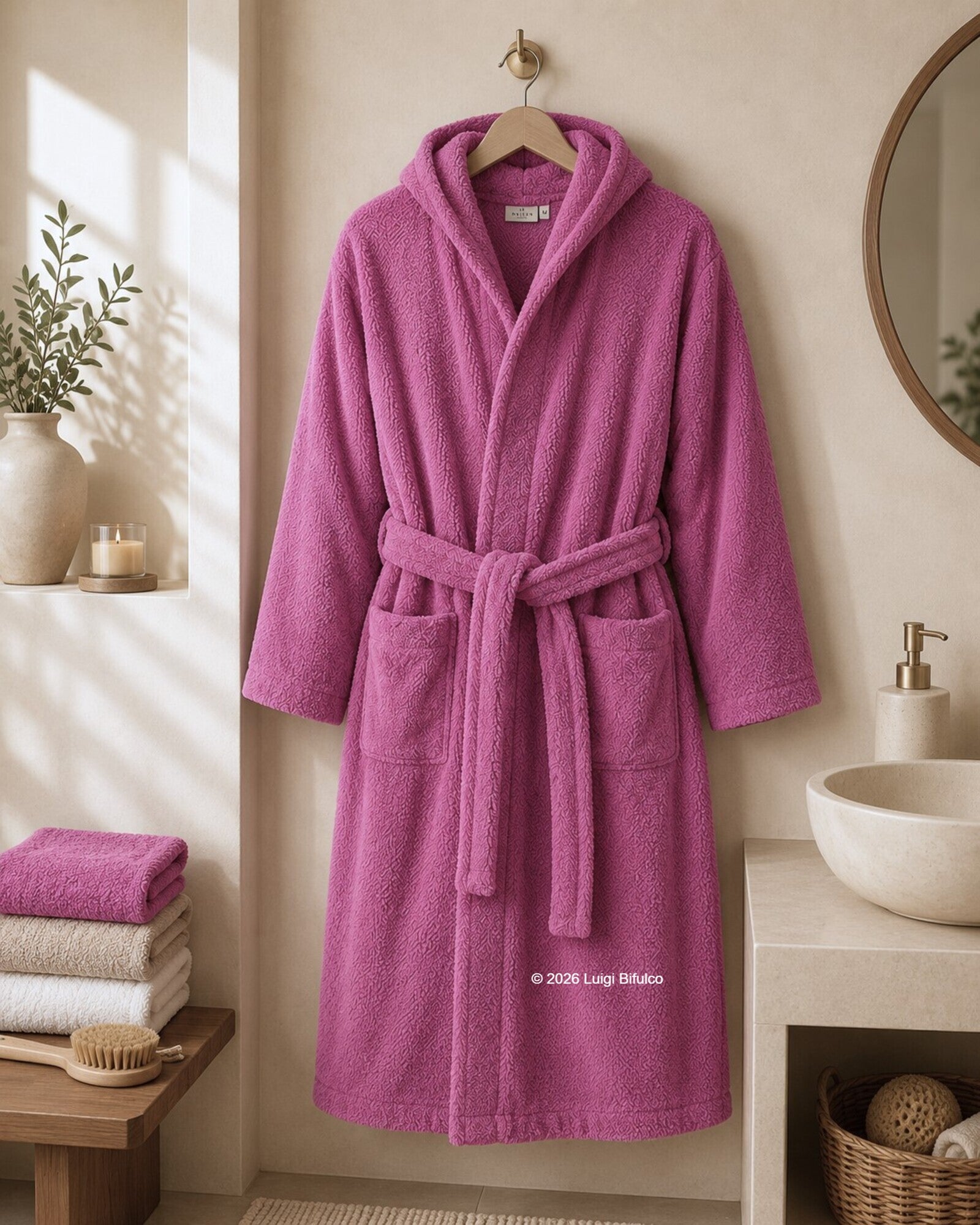 Accappatoio unisex Maison Sucrée Pepe in 100% cotone pettinato colore orchidea con cappuccio appeso in elegante bagno moderno