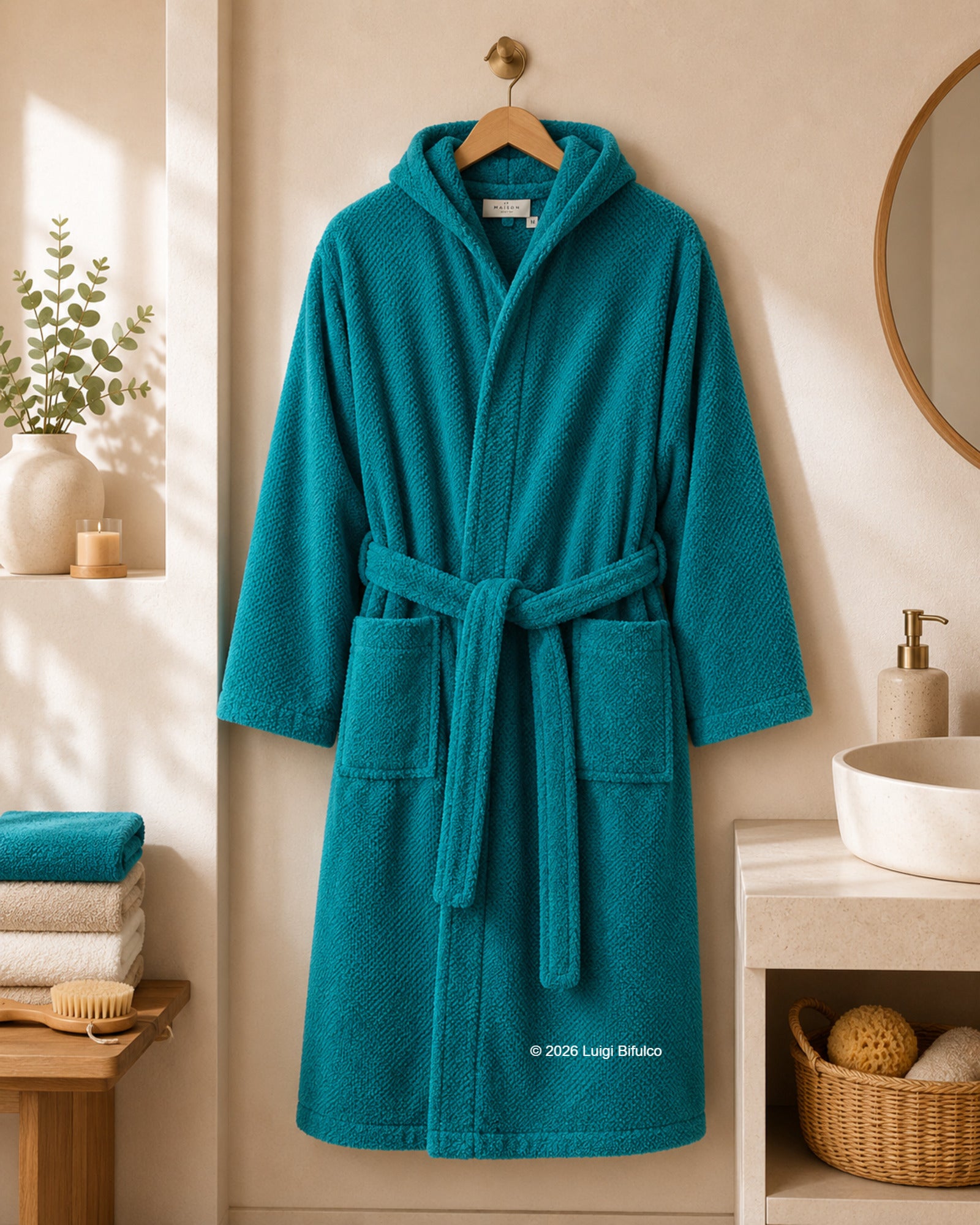 Accappatoio unisex Maison Sucrée Pepe in 100% cotone pettinato colore ottanio con cappuccio appeso in elegante bagno moderno