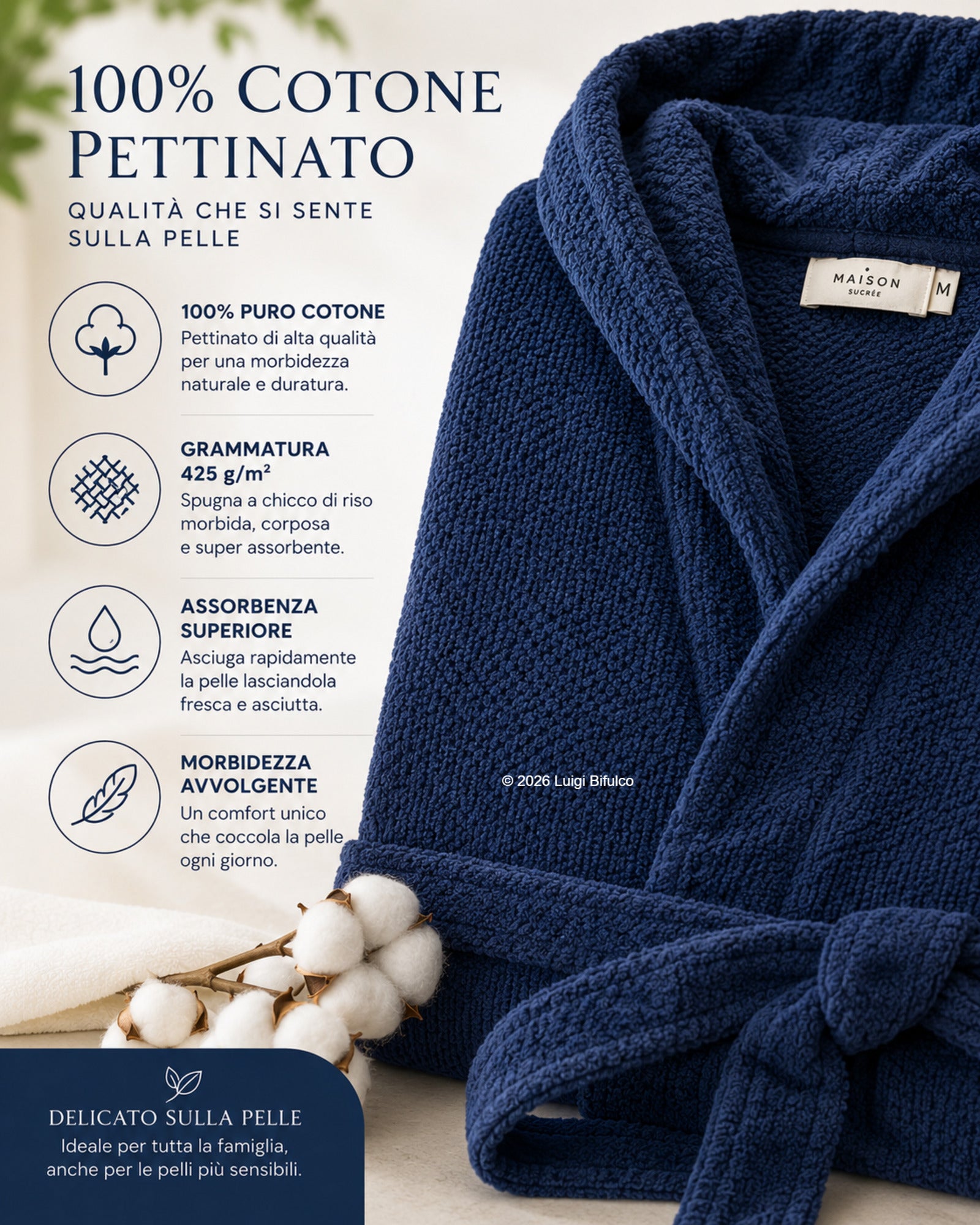 Infografica accappatoio Maison Sucrée Pepe blu in cotone pettinato 425 GSM con lavorazione chicco di riso e certificazione AZO-FREE