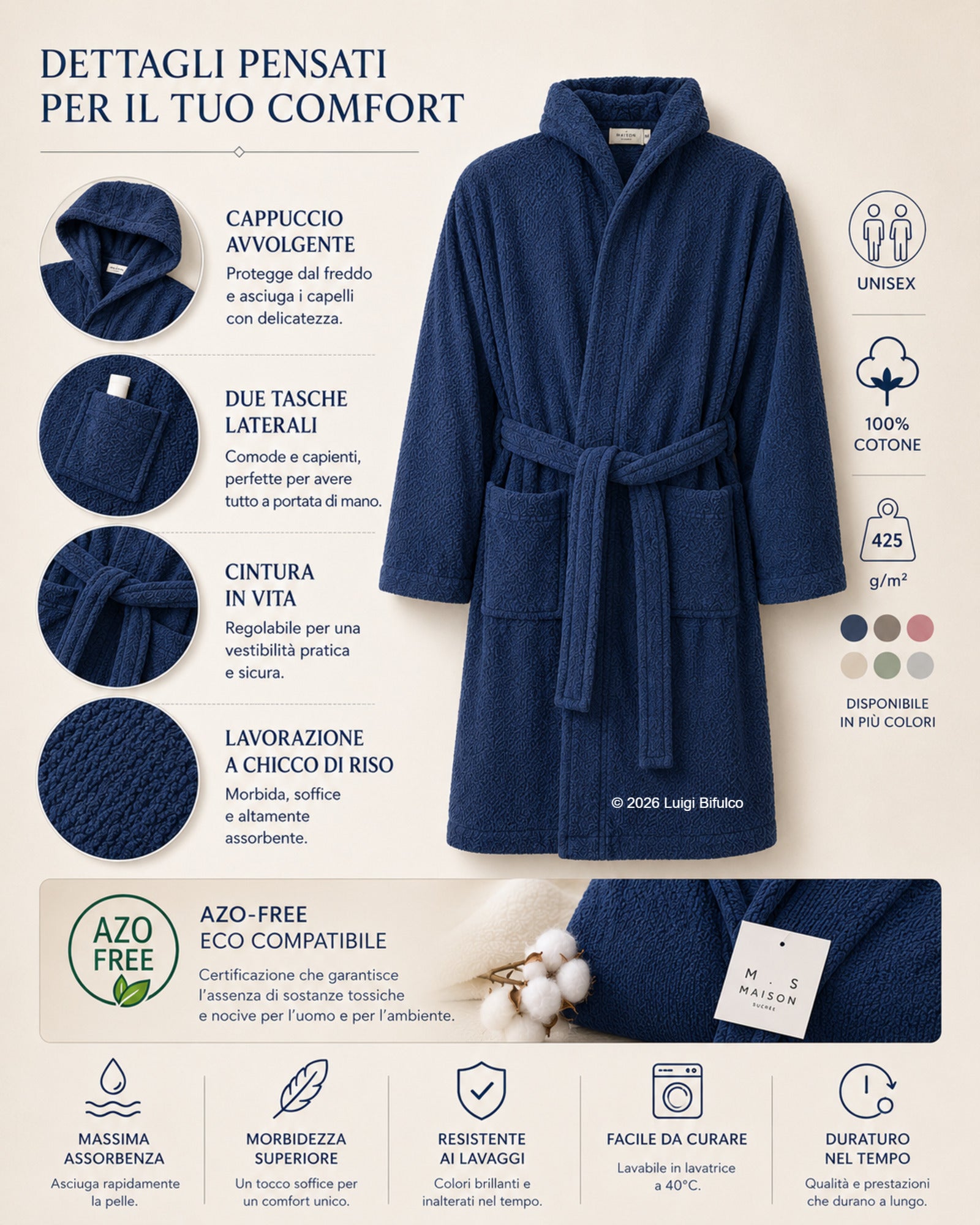 Infografica accappatoio Maison Sucrée Pepe blu con cappuccio, tasche laterali, cintura regolabile, lavorazione chicco di riso e certificazione AZO-FREE