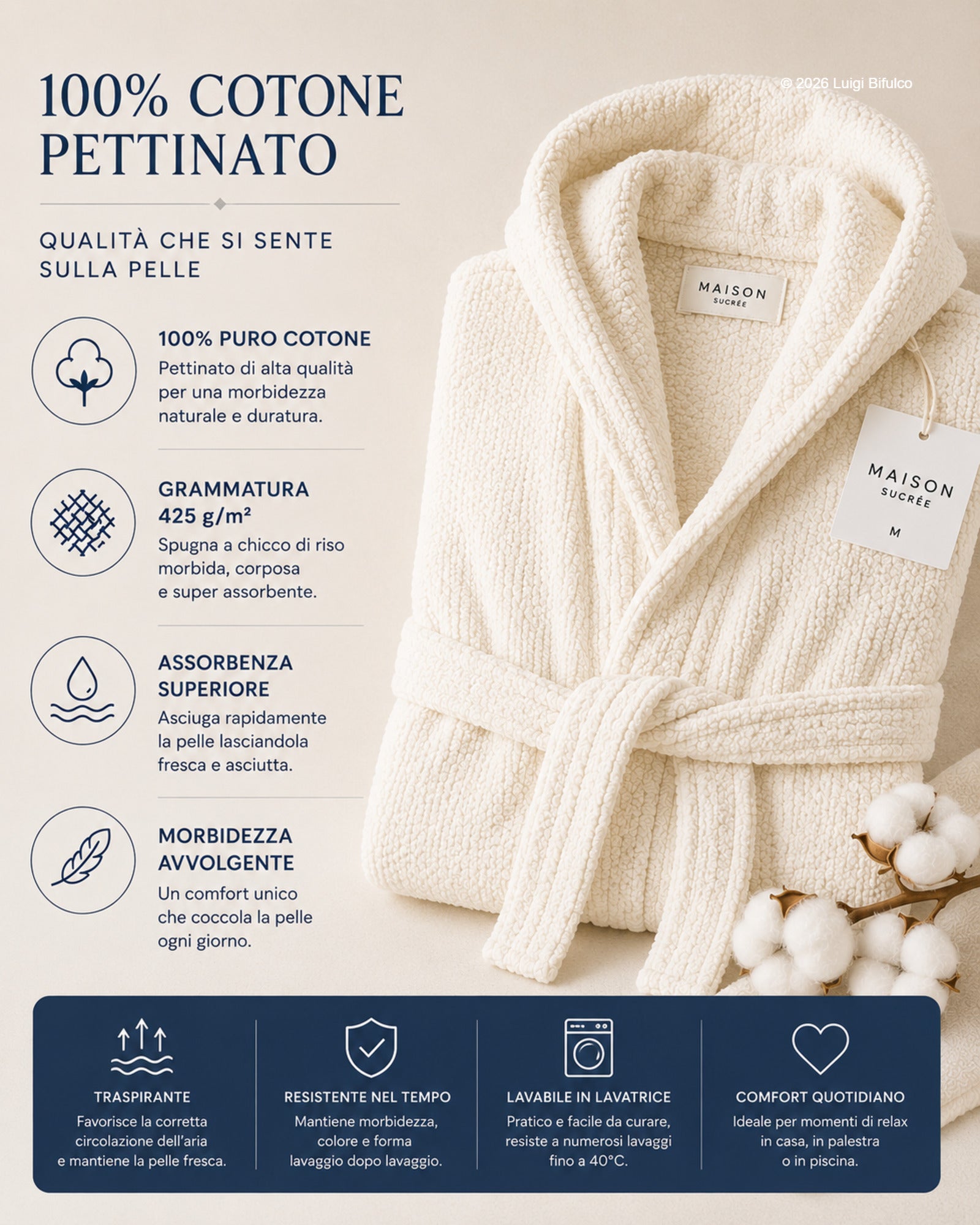 Infografica accappatoio Maison Sucrée Pepe burro in cotone pettinato 425 GSM con lavorazione chicco di riso e certificazione AZO-FREE