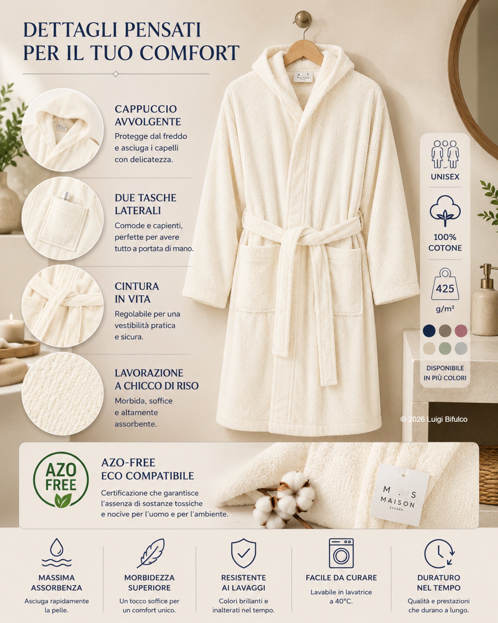 Infografica accappatoio Maison Sucrée Pepe burro con cappuccio, tasche laterali, cintura regolabile, lavorazione chicco di riso e certificazione AZO-FREE