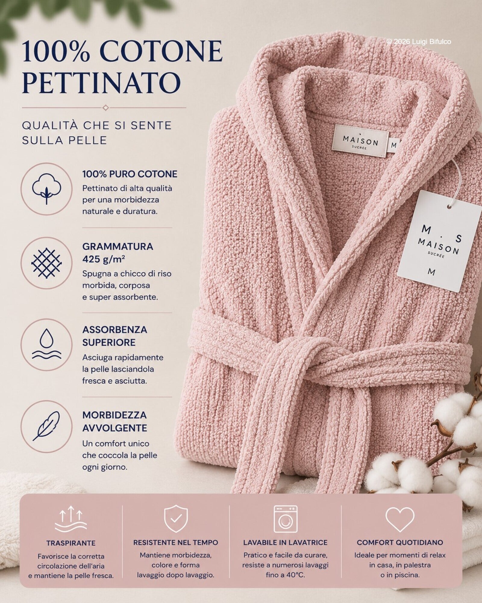 Infografica accappatoio Maison Sucrée Pepe cipria in cotone pettinato 425 GSM con lavorazione chicco di riso e certificazione AZO-FREE