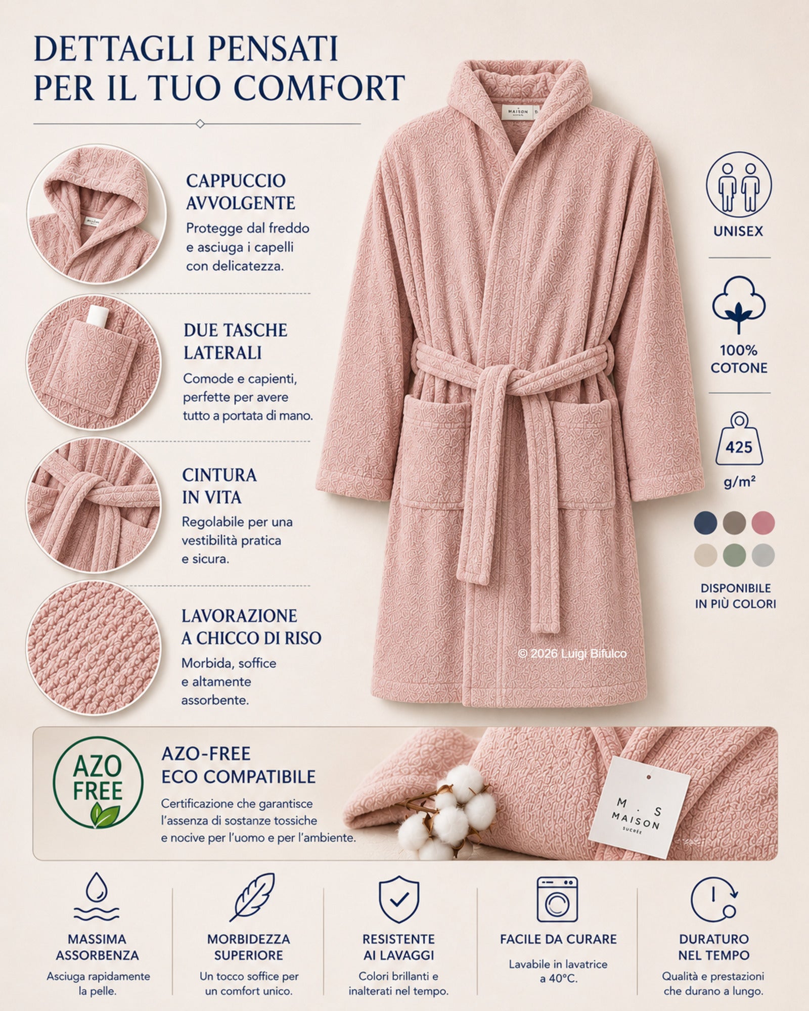 Infografica accappatoio Maison Sucrée Pepe rosa cipria con cappuccio, tasche laterali, cintura regolabile, lavorazione chicco di riso e certificazione AZO-FREE