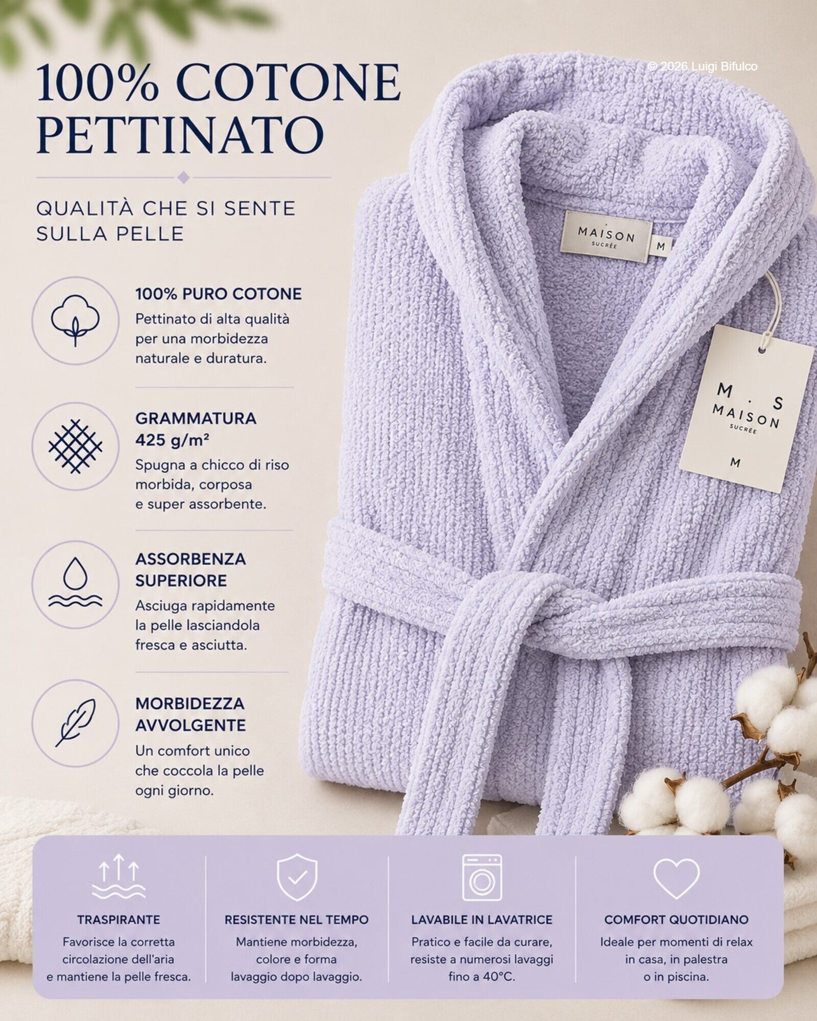 Infografica accappatoio Maison Sucrée Pepe lilla in cotone pettinato 425 GSM con lavorazione chicco di riso e certificazione AZO-FREE