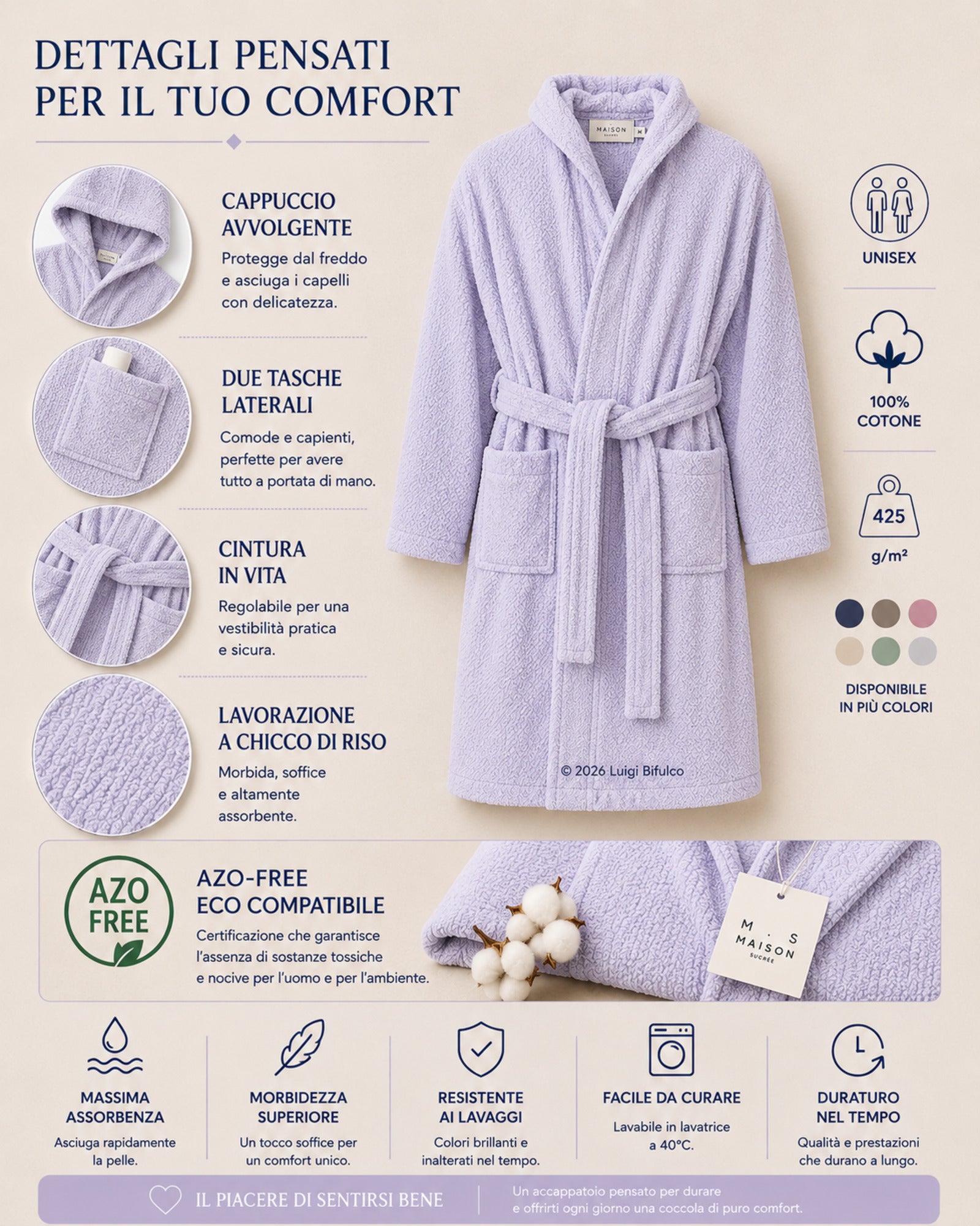 Infografica accappatoio Maison Sucrée Pepe lilla con cappuccio, tasche laterali, cintura regolabile, lavorazione chicco di riso e certificazione AZO-FREE